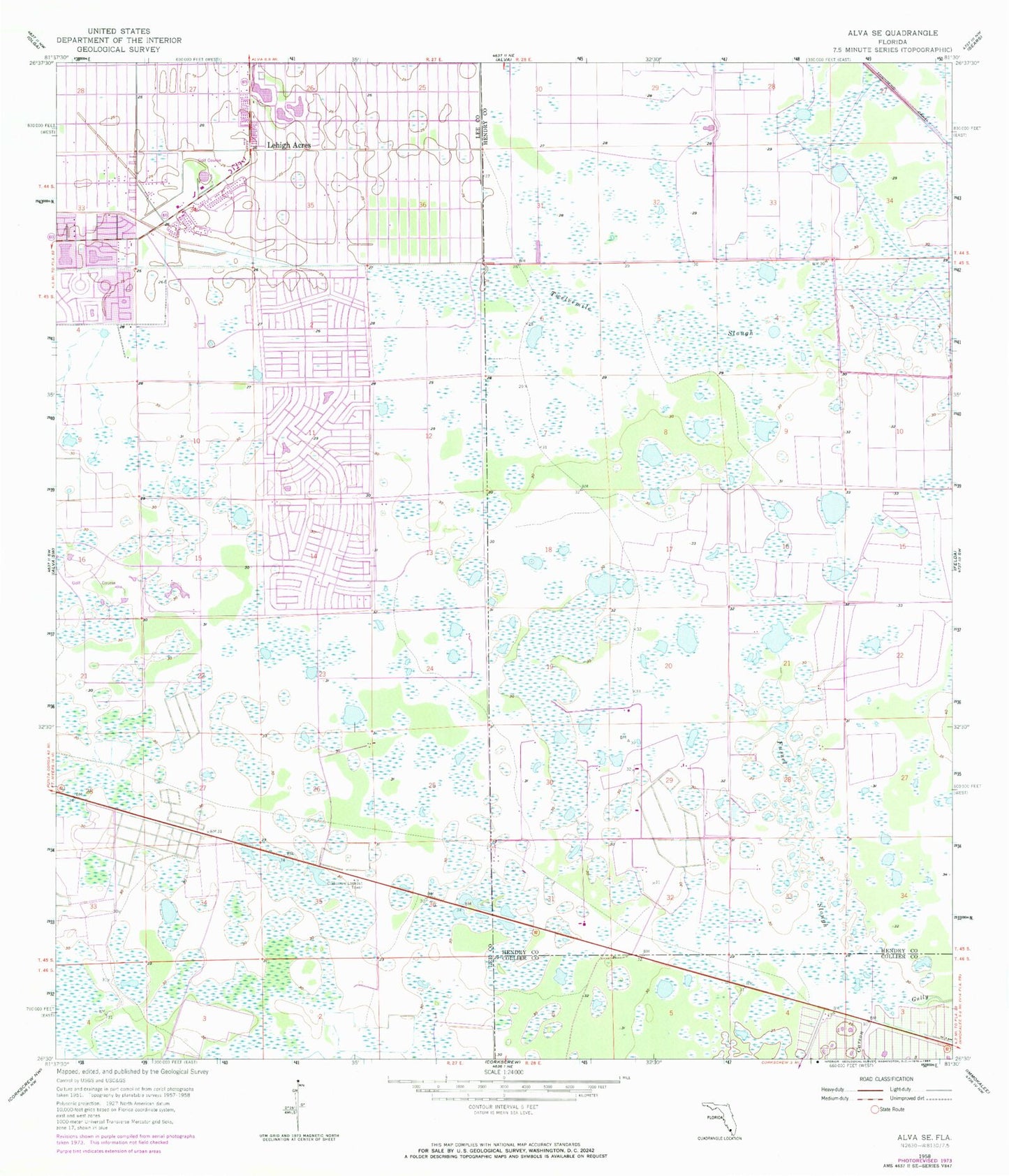 Classic USGS Alva SE Florida 7.5'x7.5' Topo Map Image