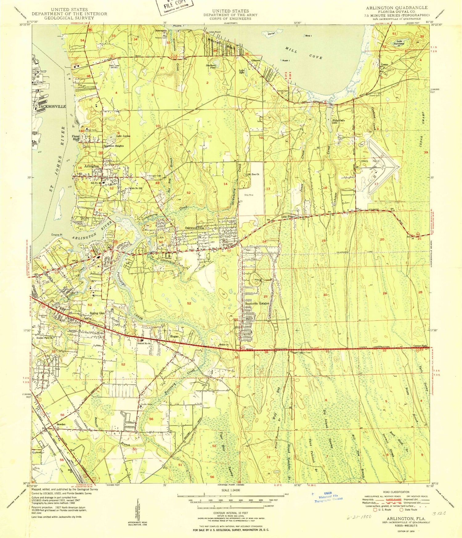 Classic USGS Arlington Florida 7.5'x7.5' Topo Map Image