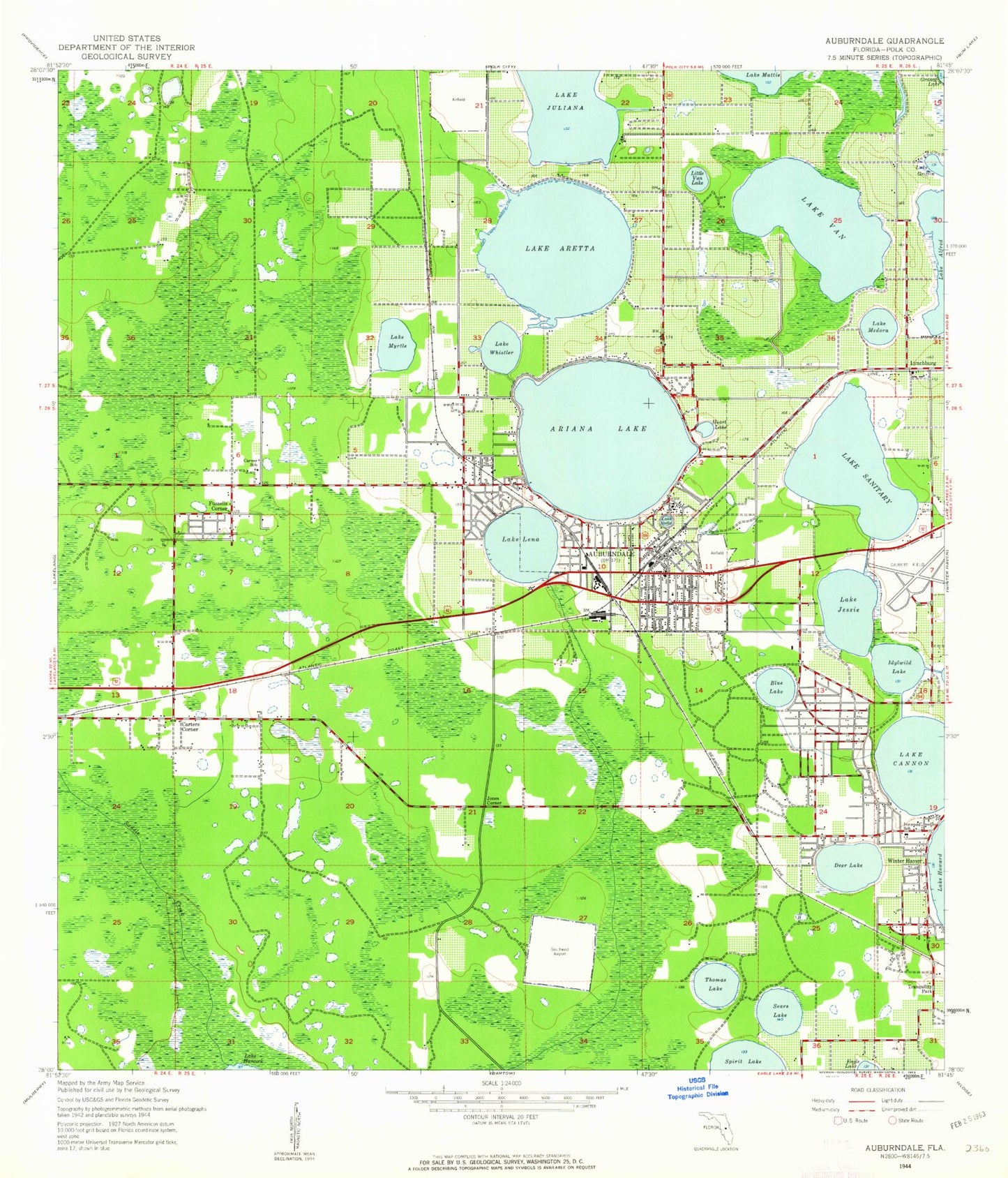 Classic USGS Auburndale Florida 7.5'x7.5' Topo Map Image