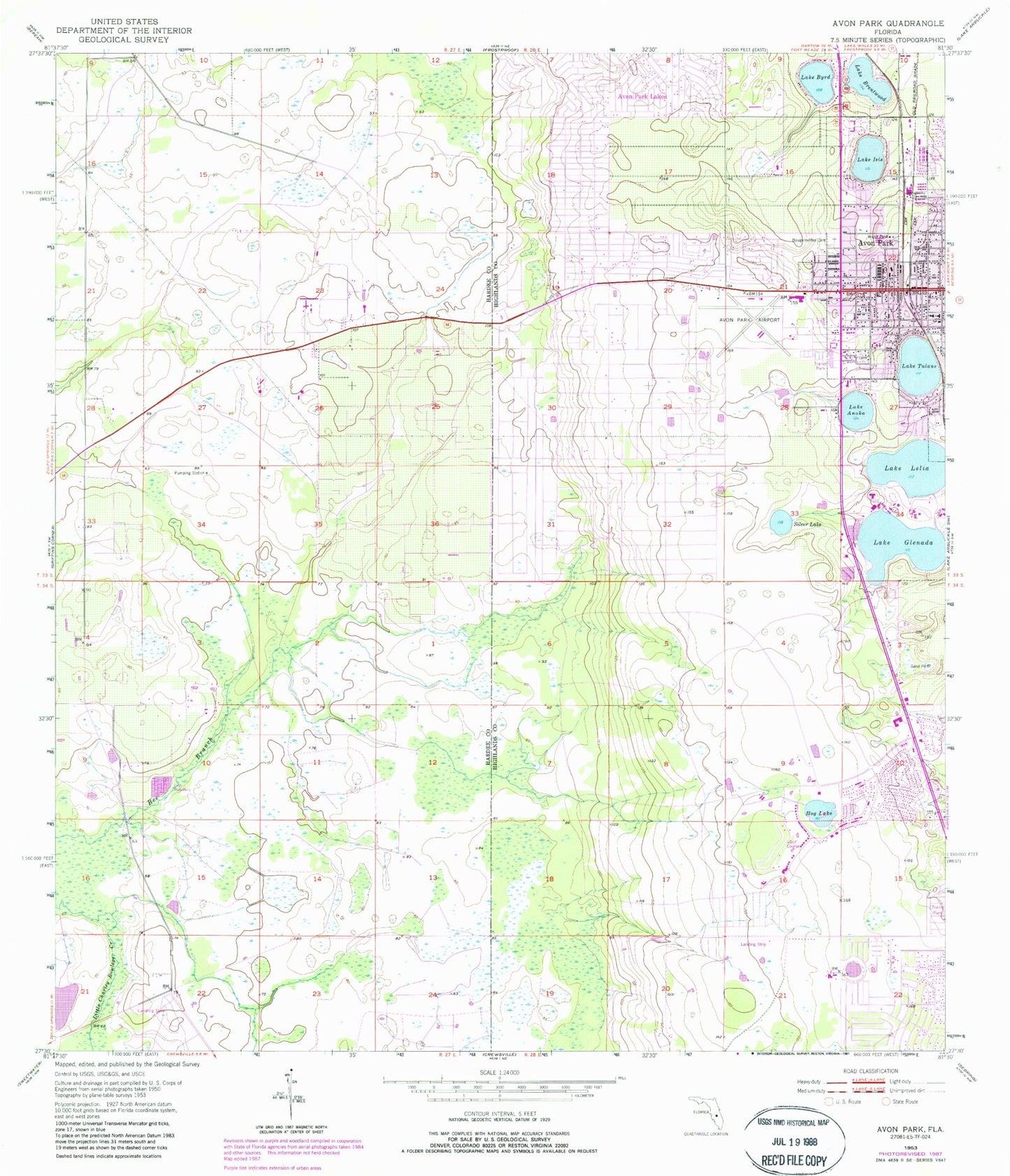 Classic USGS Avon Park Florida 7.5'x7.5' Topo Map Image