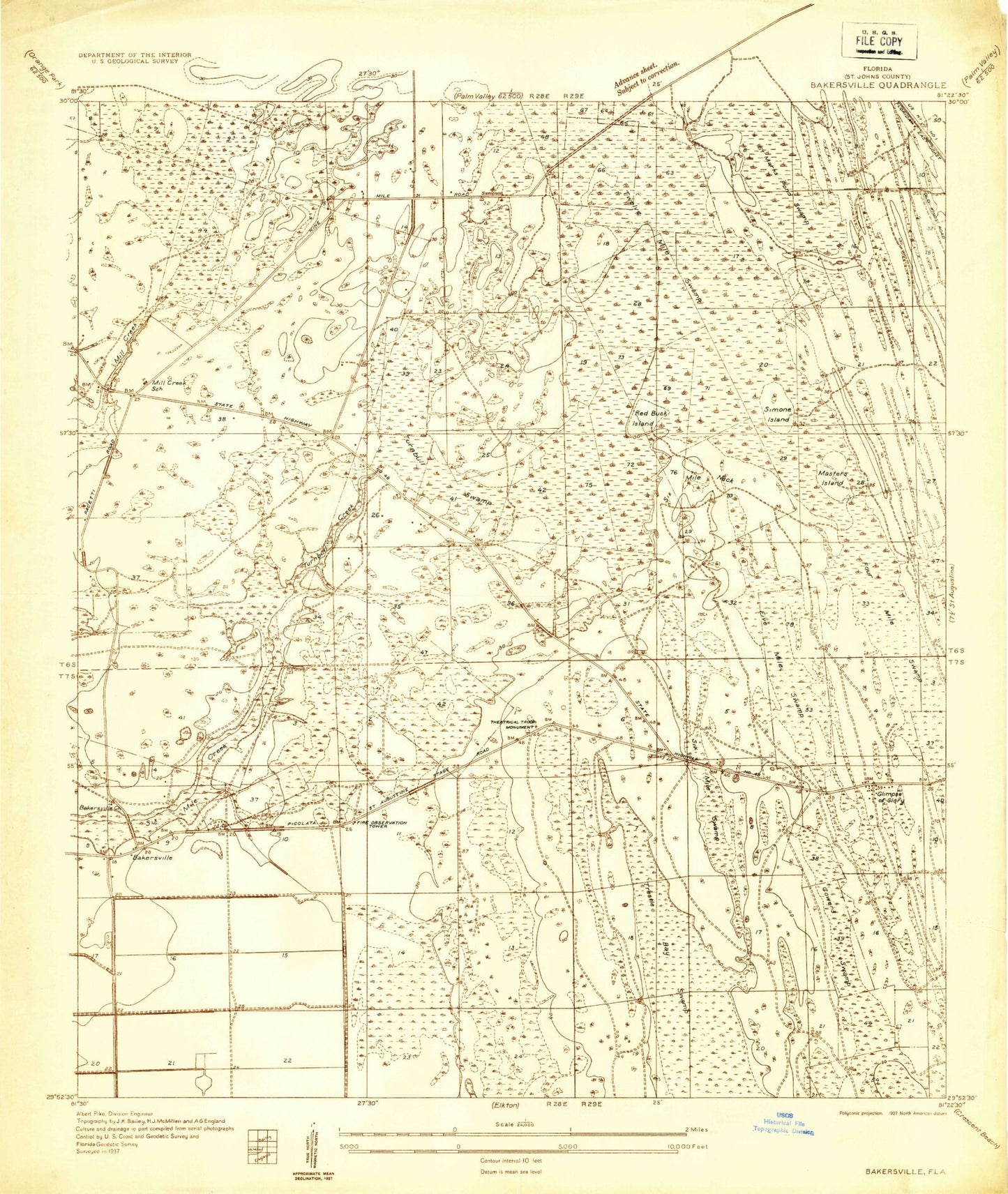 Classic USGS Bakersville Florida 7.5'x7.5' Topo Map Image