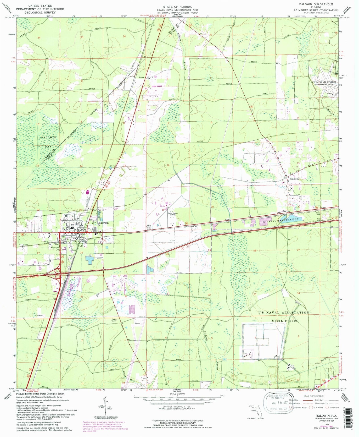 Classic USGS Baldwin Florida 7.5'x7.5' Topo Map Image