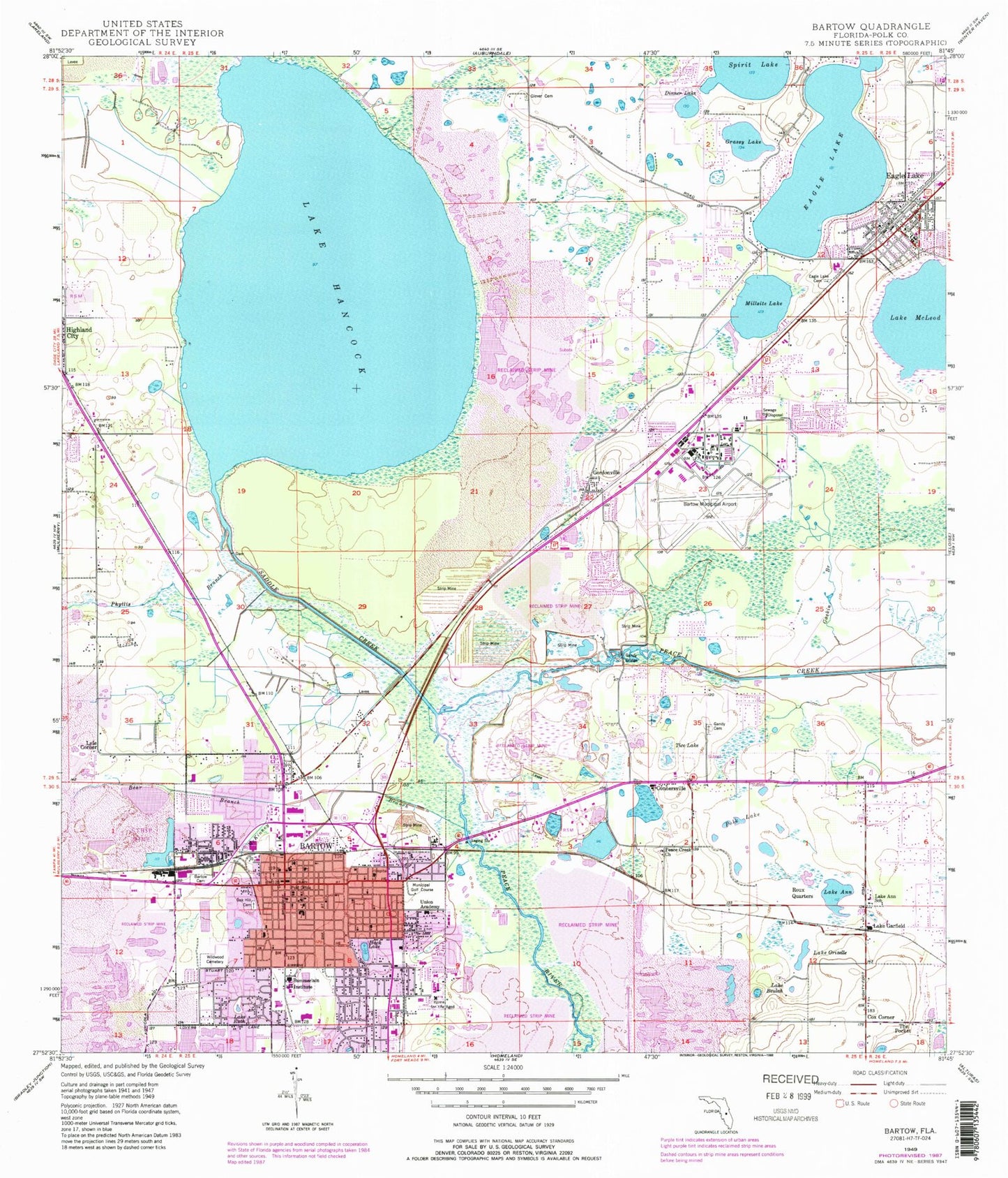 Classic USGS Bartow Florida 7.5'x7.5' Topo Map Image