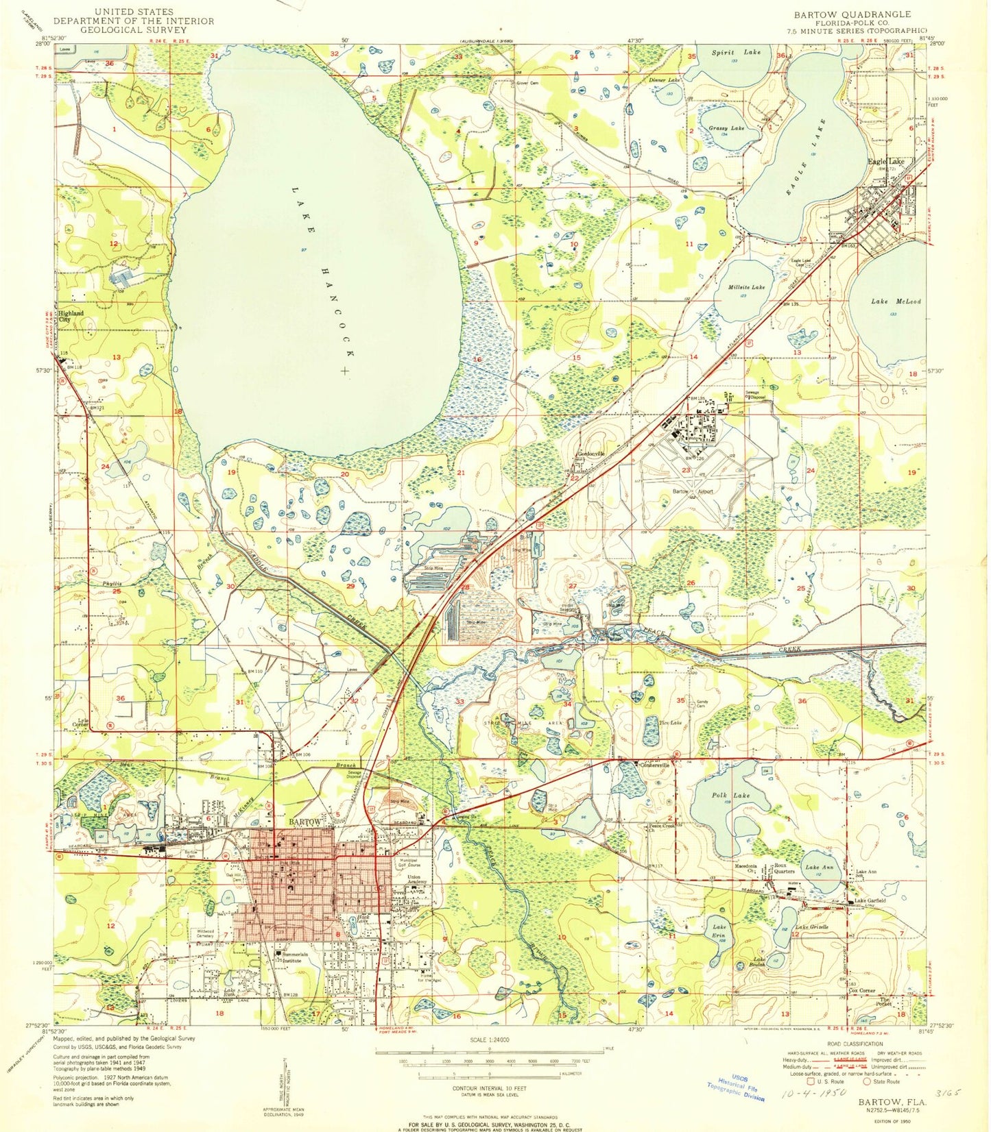 Classic USGS Bartow Florida 7.5'x7.5' Topo Map Image