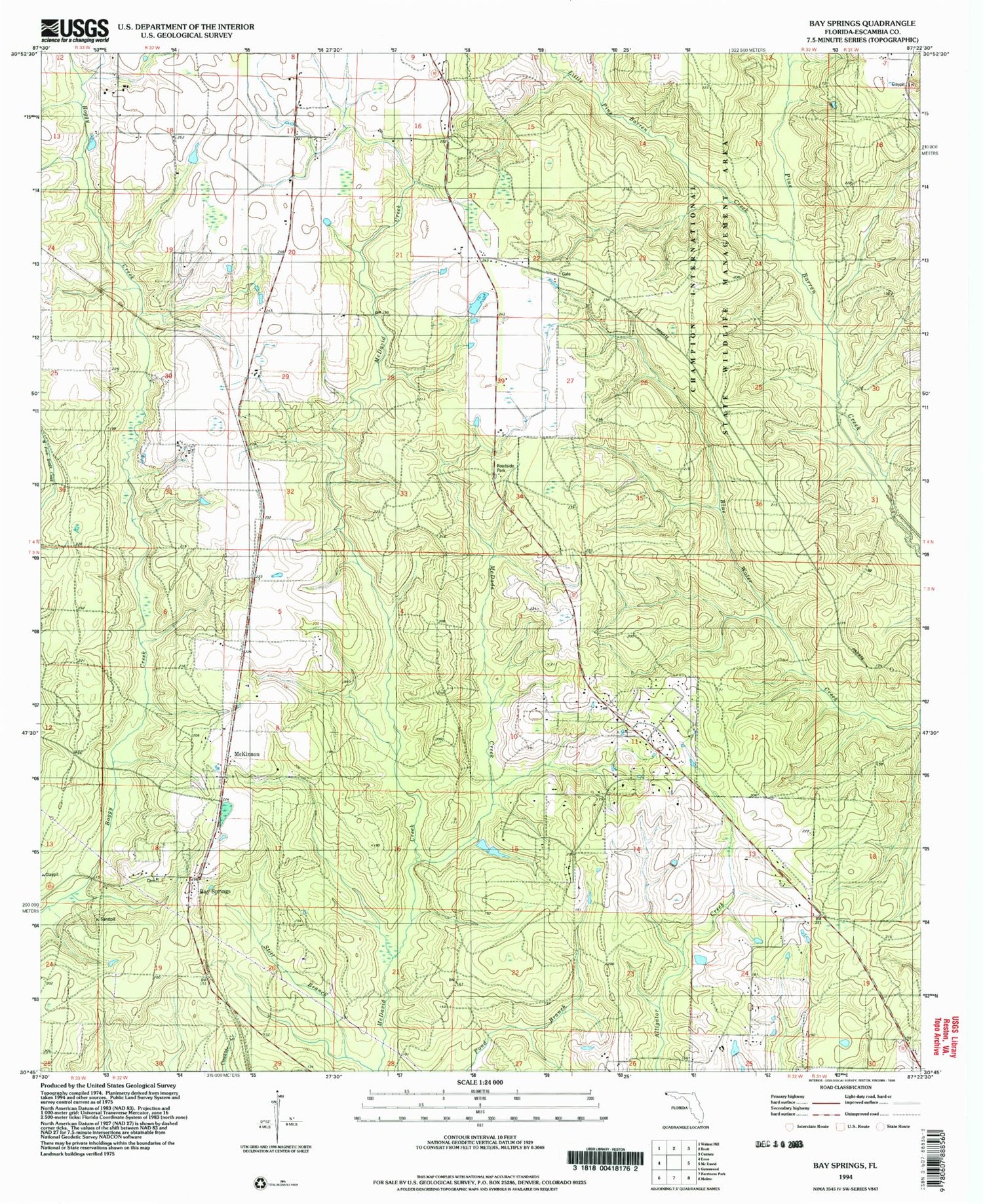 Classic USGS Bay Springs Florida 7.5'x7.5' Topo Map Image