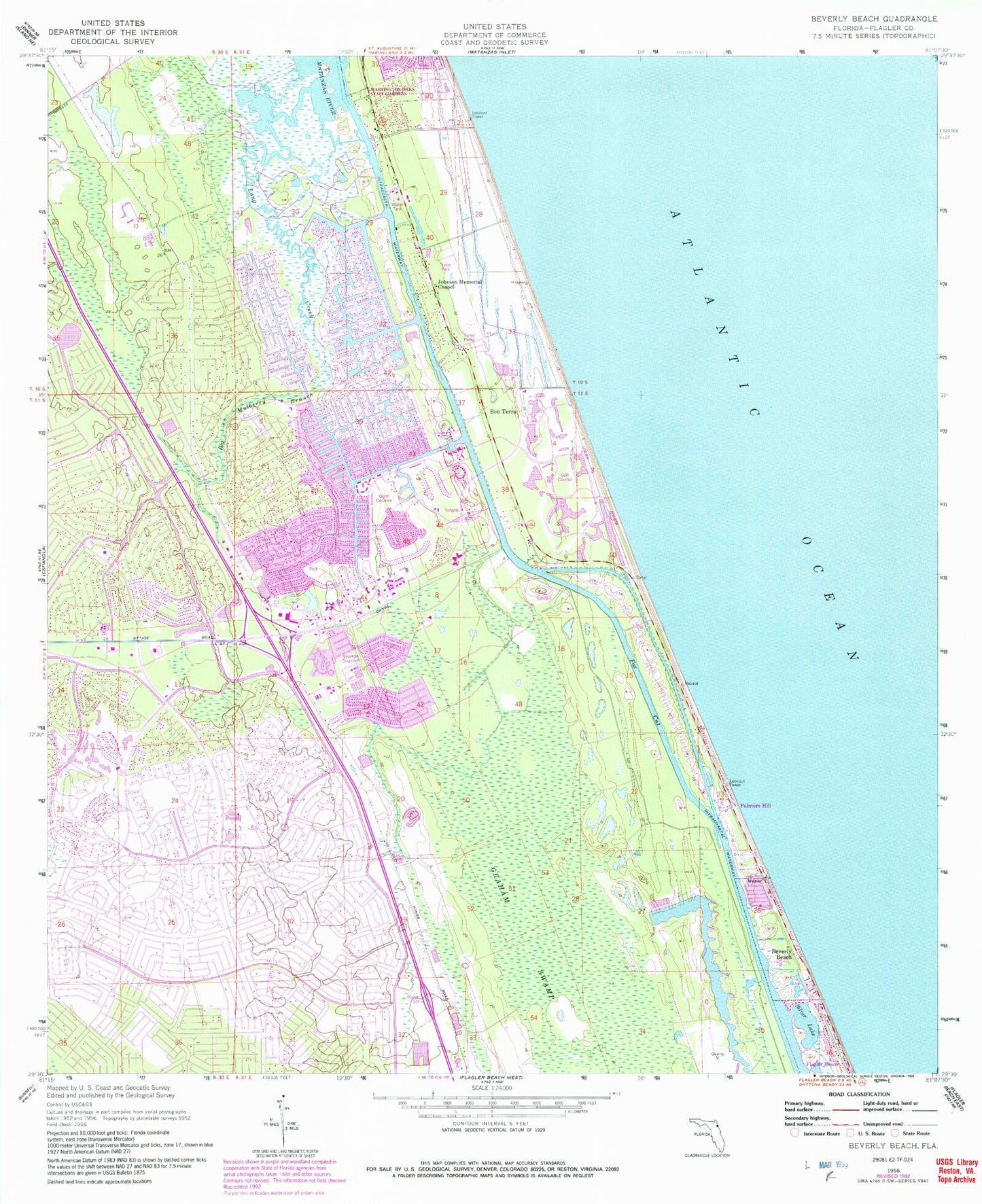 Classic USGS Beverly Beach Florida 7.5'x7.5' Topo Map Image