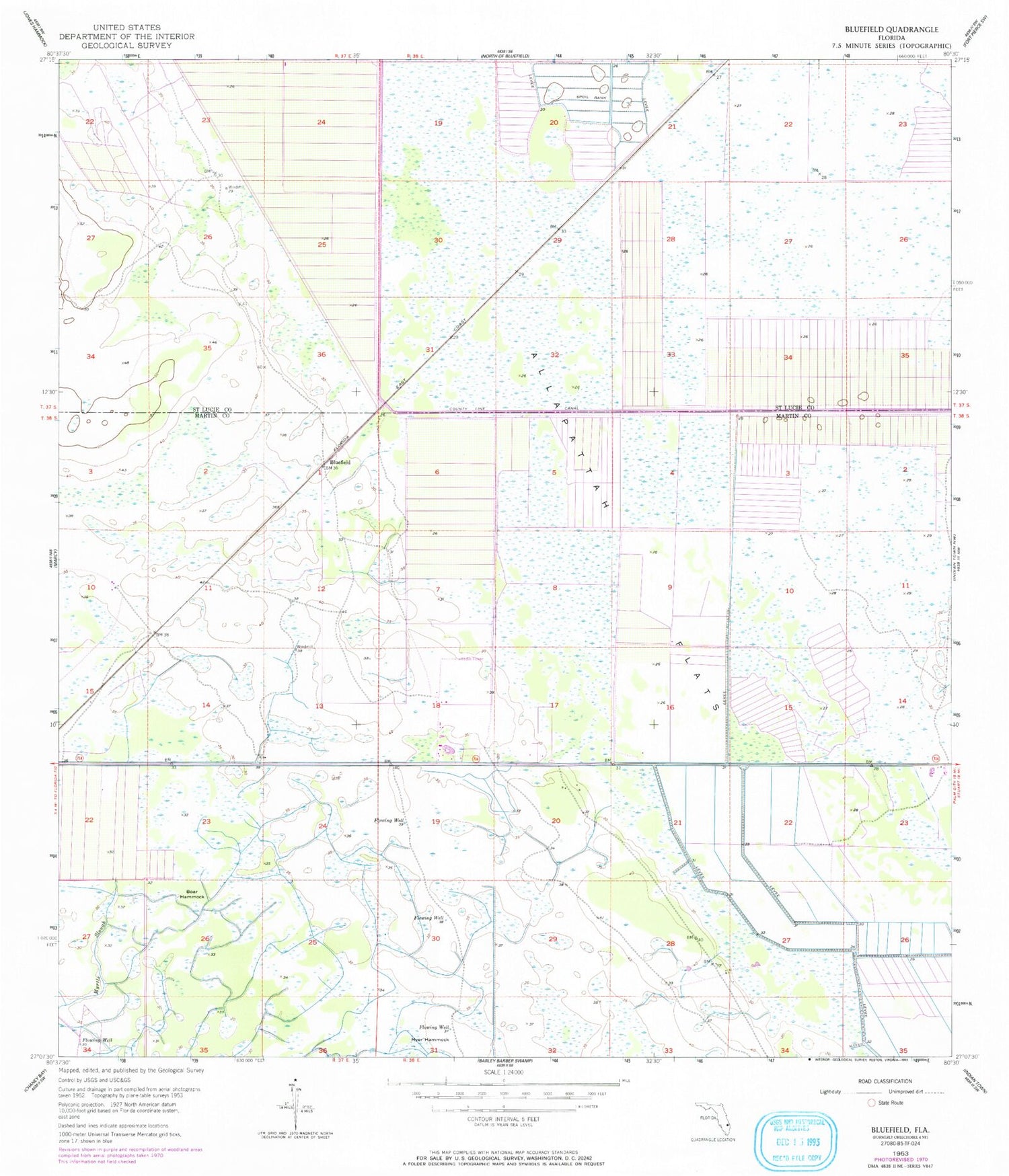 Classic USGS Bluefield Florida 7.5'x7.5' Topo Map Image