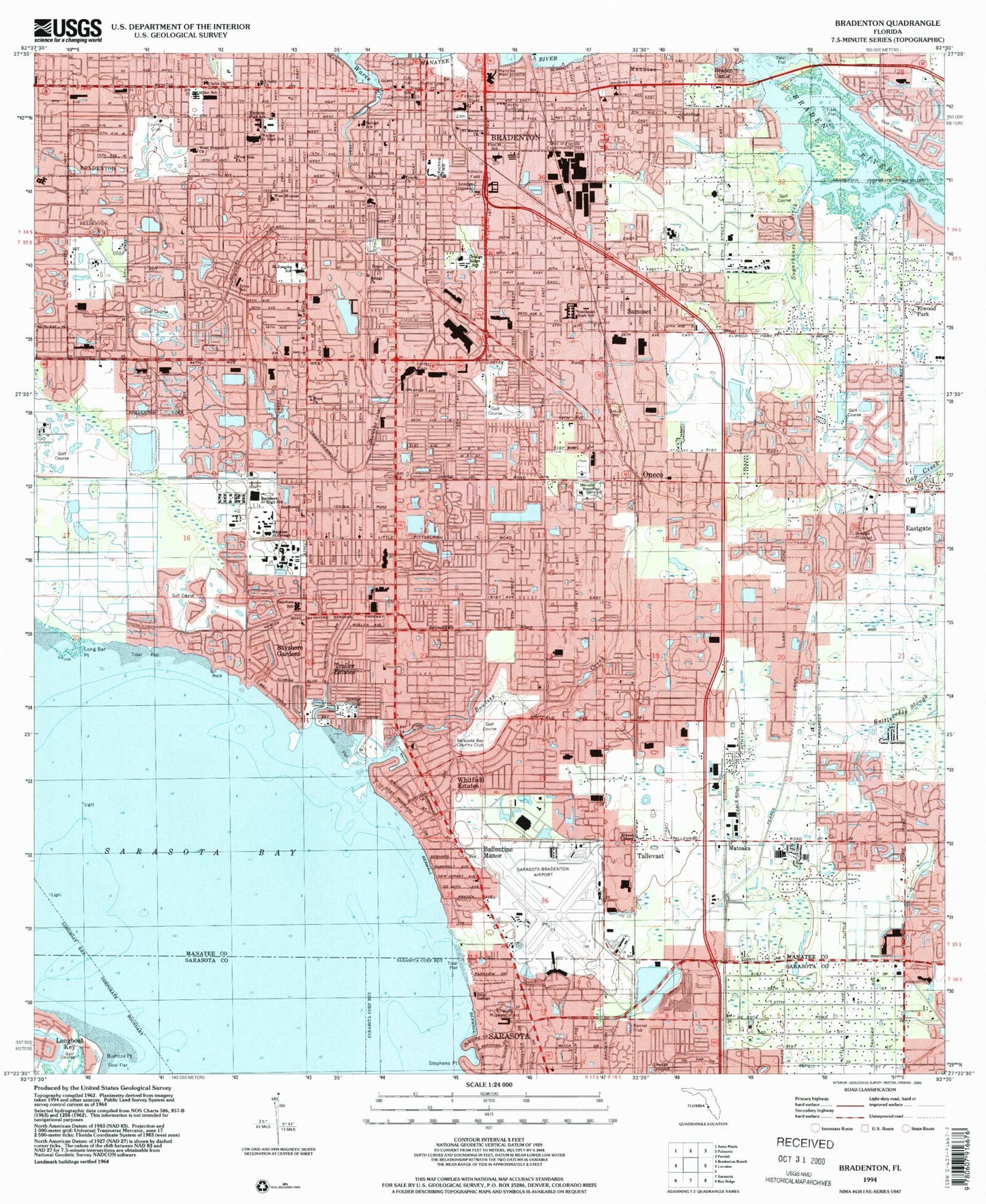 Classic USGS Bradenton Florida 7.5'x7.5' Topo Map Image