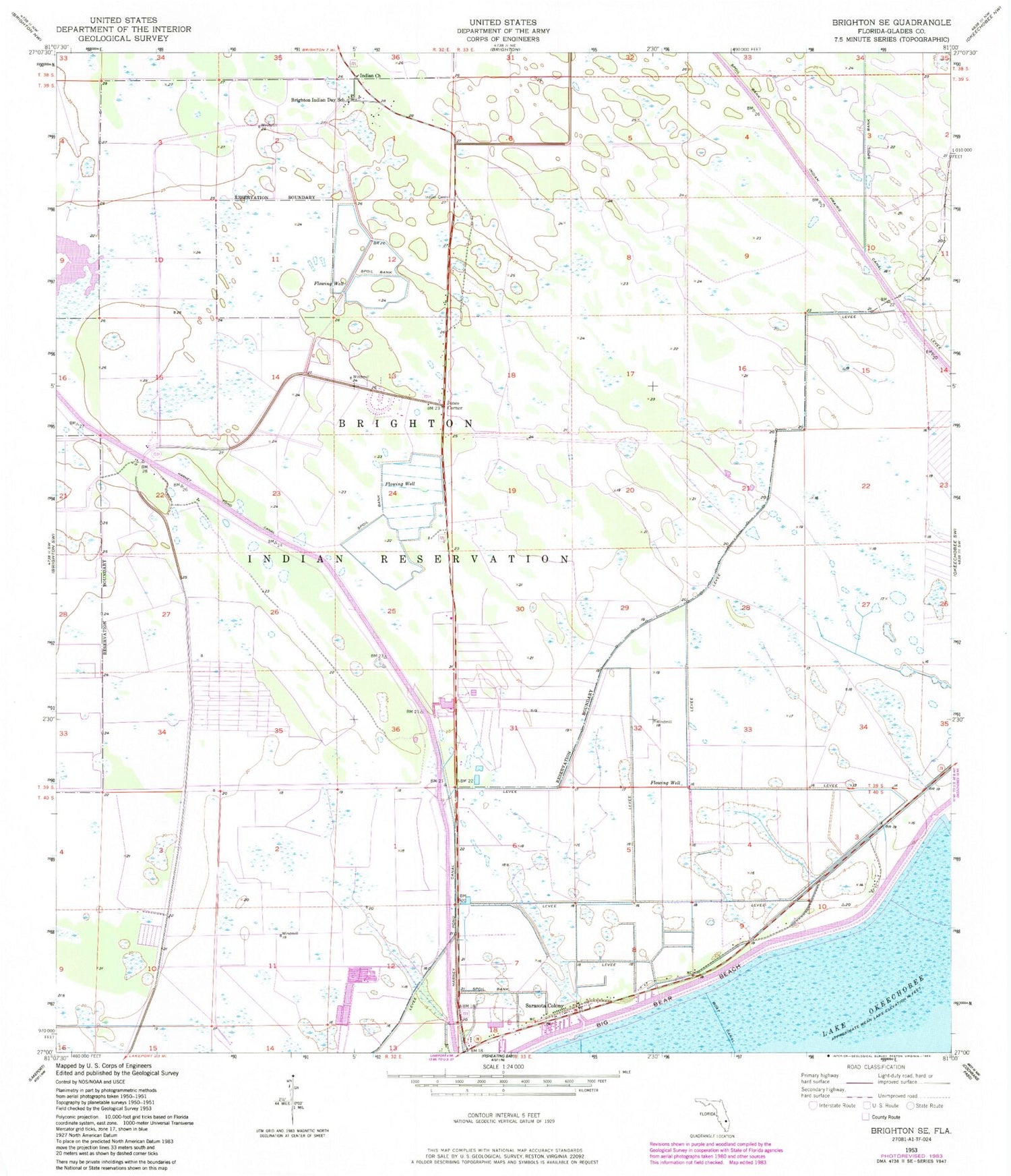 Classic USGS Brighton SE Florida 7.5'x7.5' Topo Map Image