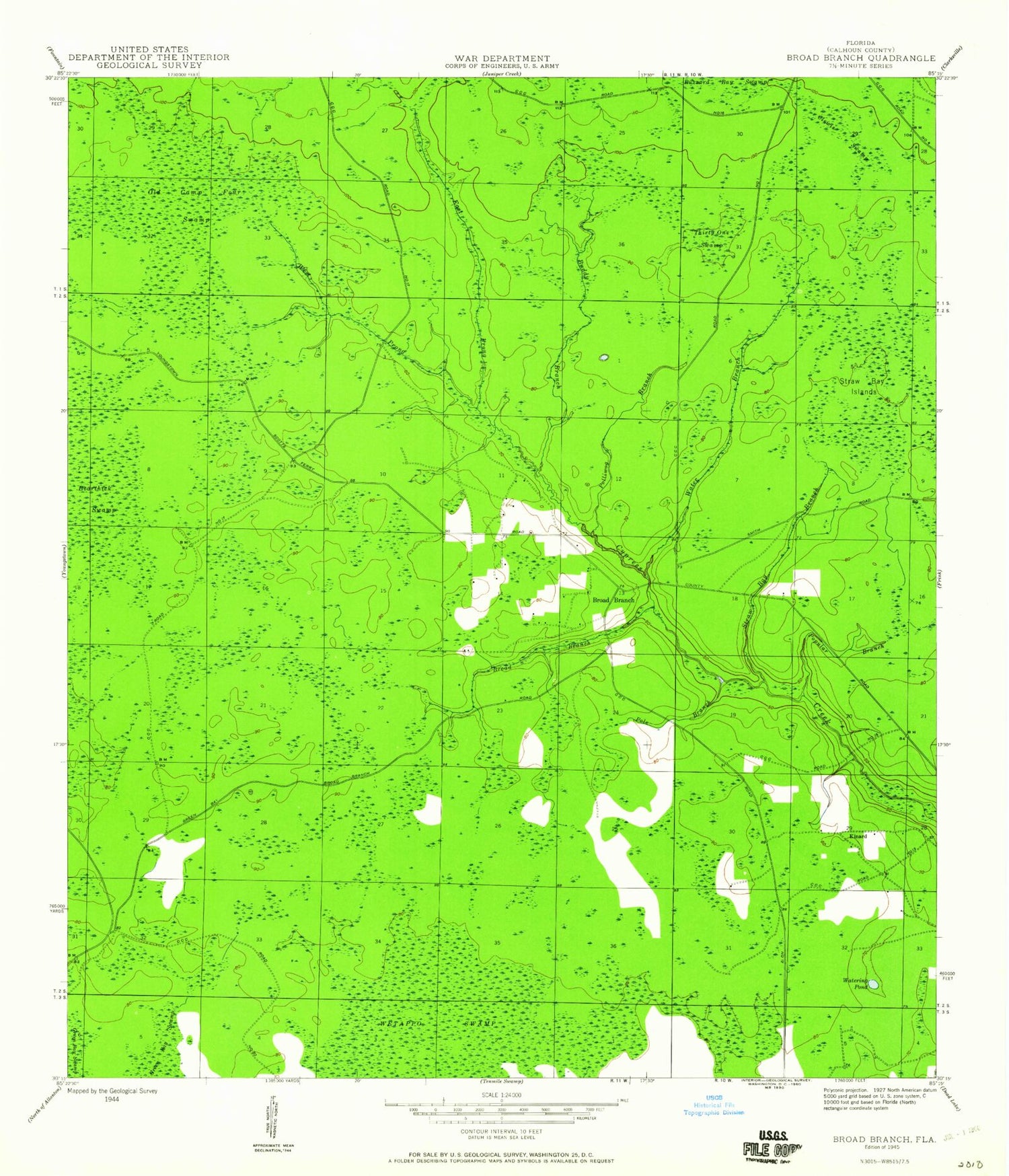 Classic USGS Broad Branch Florida 7.5'x7.5' Topo Map Image