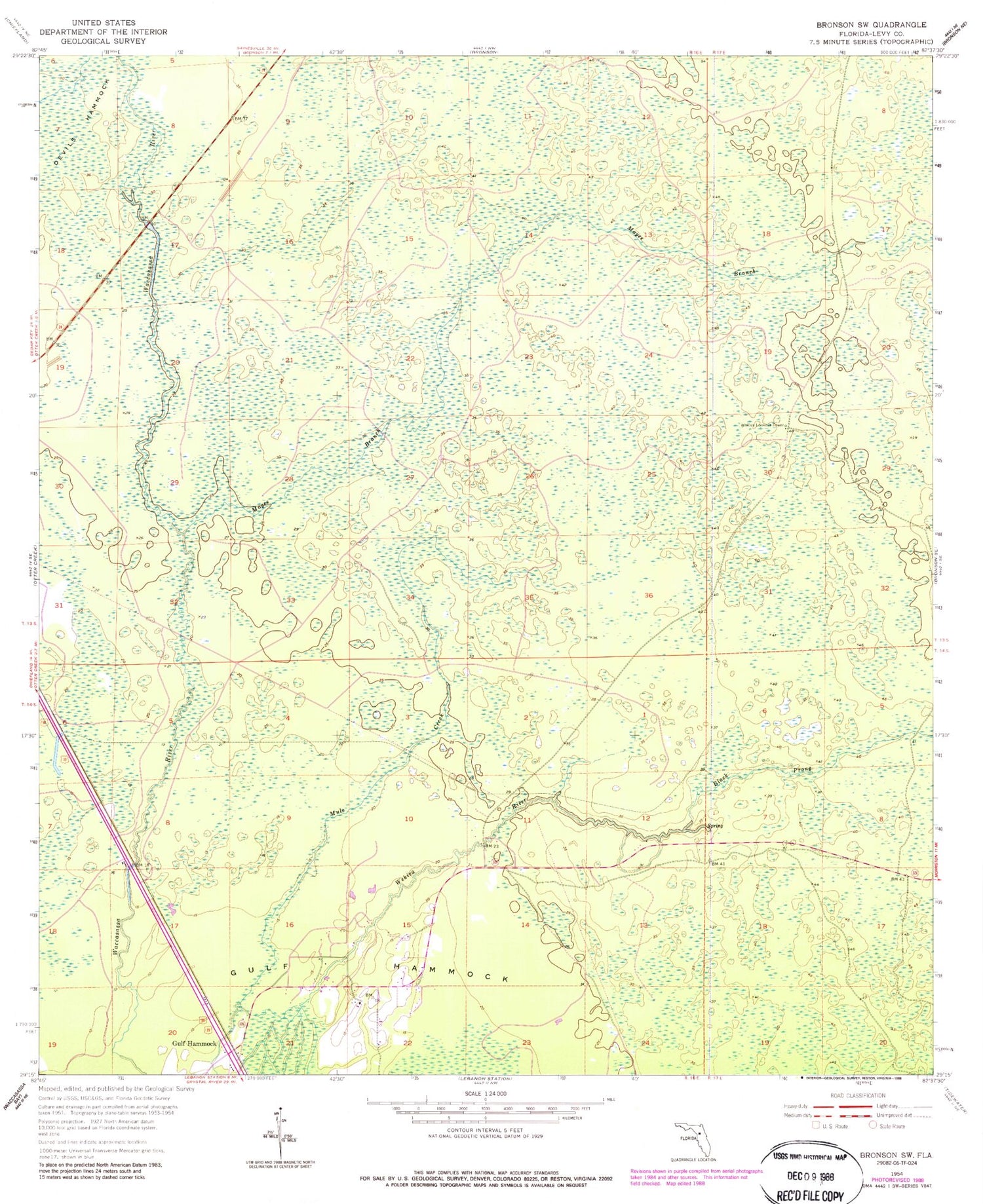 Classic USGS Bronson SW Florida 7.5'x7.5' Topo Map Image