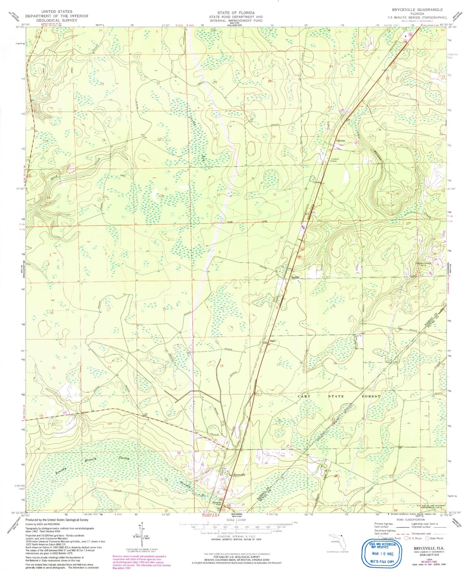 Classic USGS Bryceville Florida 7.5'x7.5' Topo Map Image