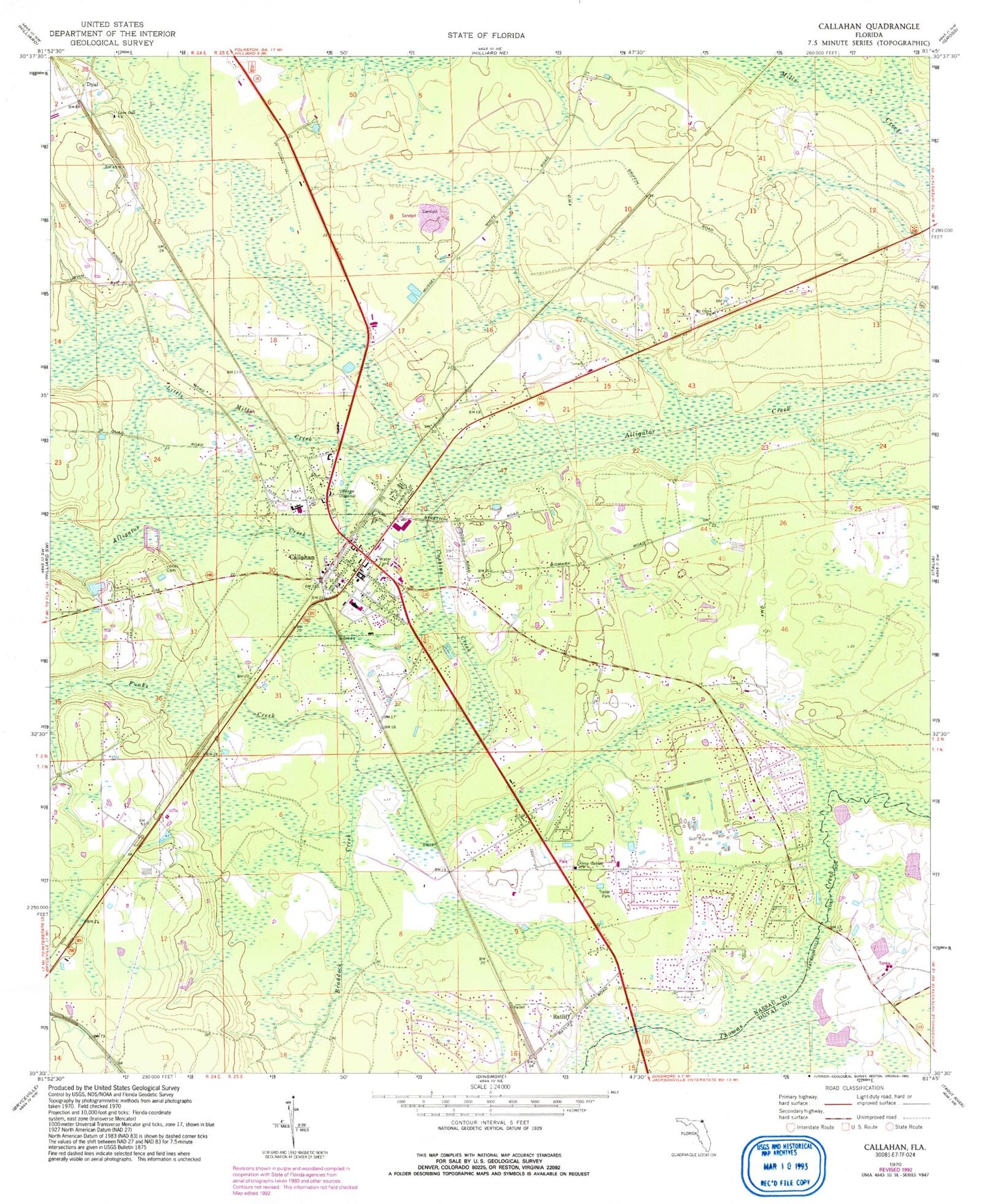 Classic USGS Callahan Florida 7.5'x7.5' Topo Map Image
