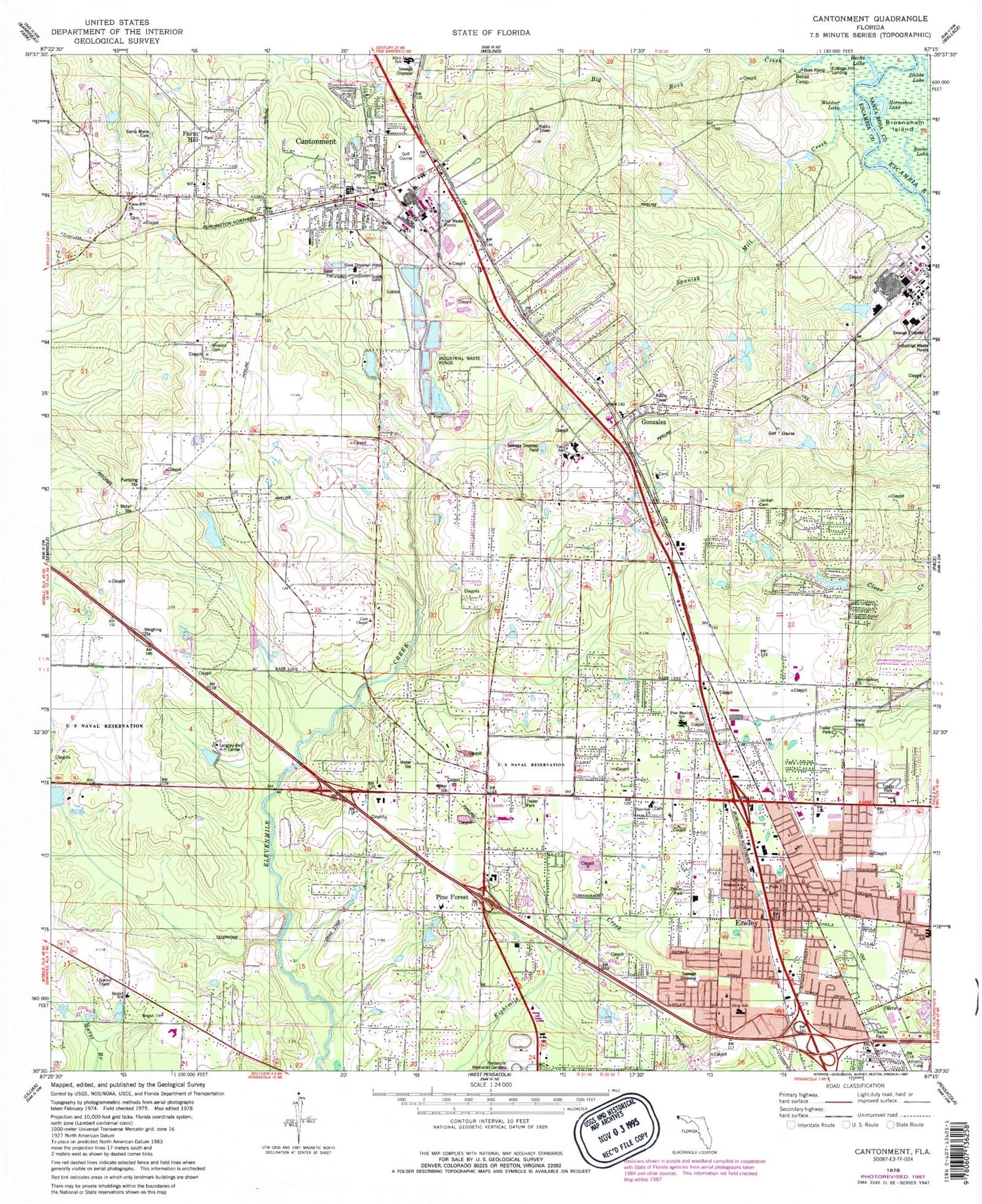 Classic USGS Cantonment Florida 7.5'x7.5' Topo Map Image