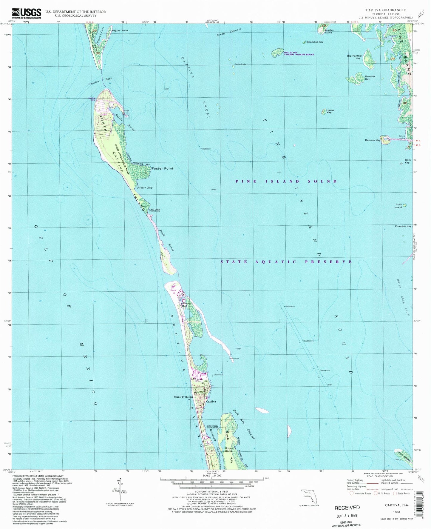Classic USGS Captiva Florida 7.5'x7.5' Topo Map Image