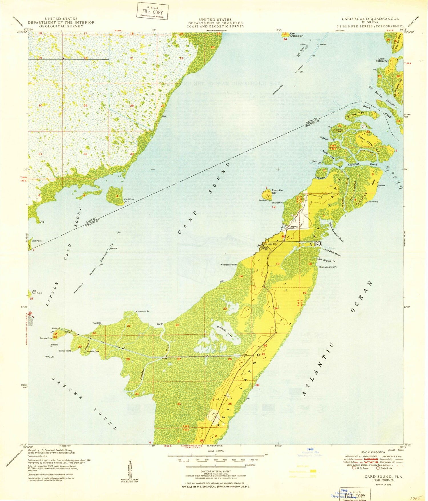 Classic USGS Card Sound Florida 7.5'x7.5' Topo Map Image