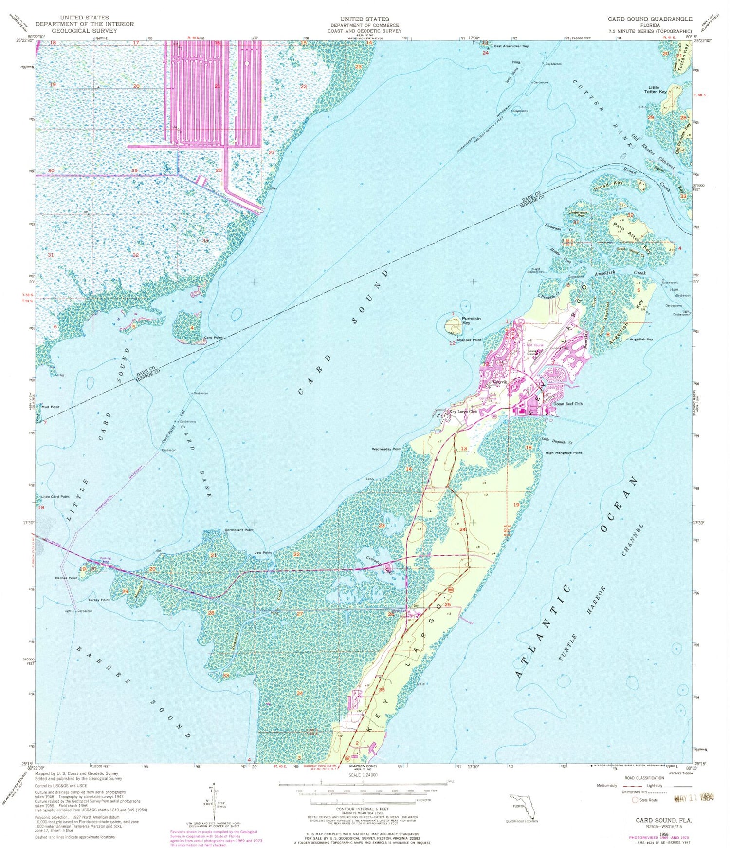 Classic USGS Card Sound Florida 7.5'x7.5' Topo Map Image