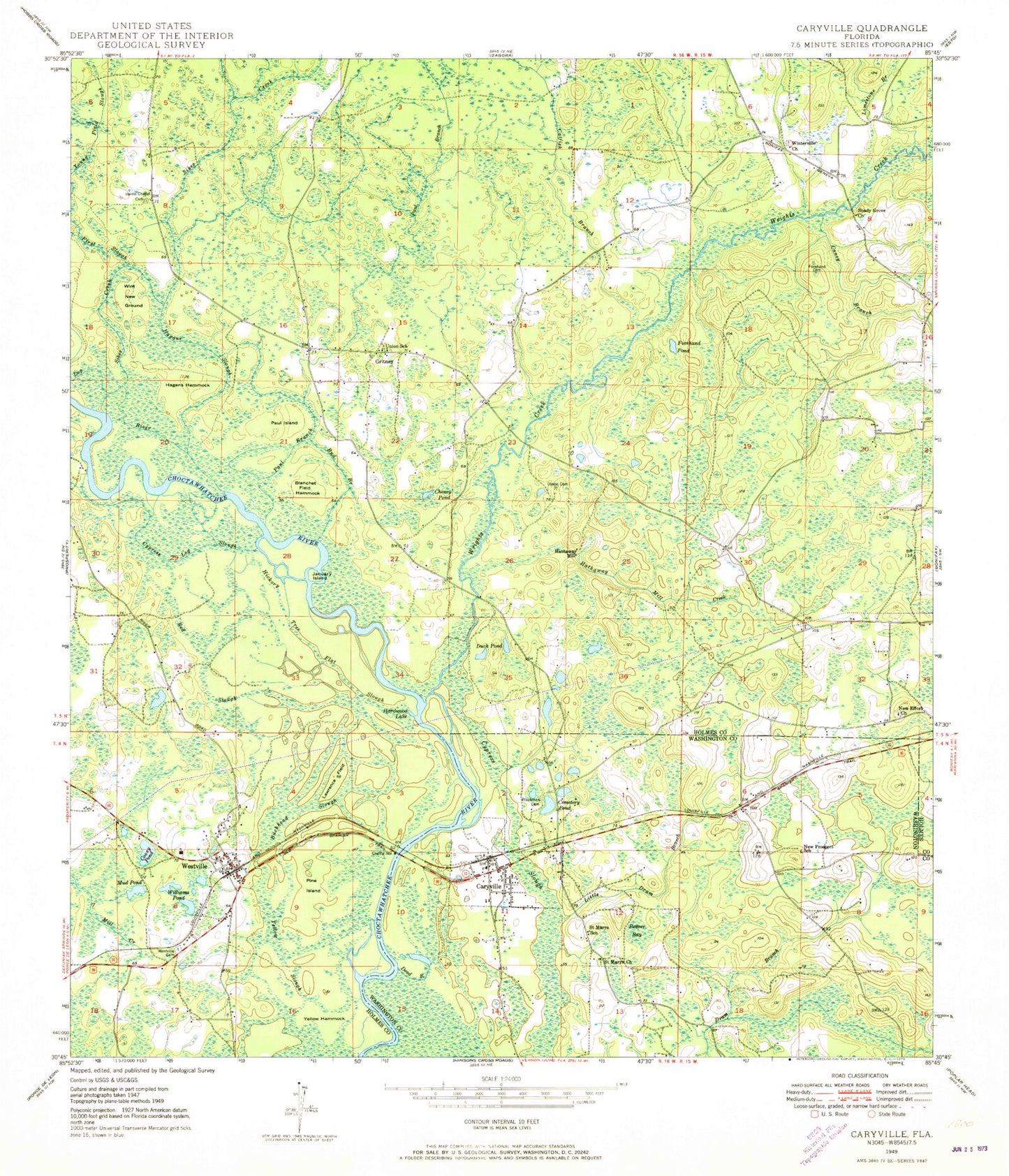 Classic USGS Caryville Florida 7.5'x7.5' Topo Map Image