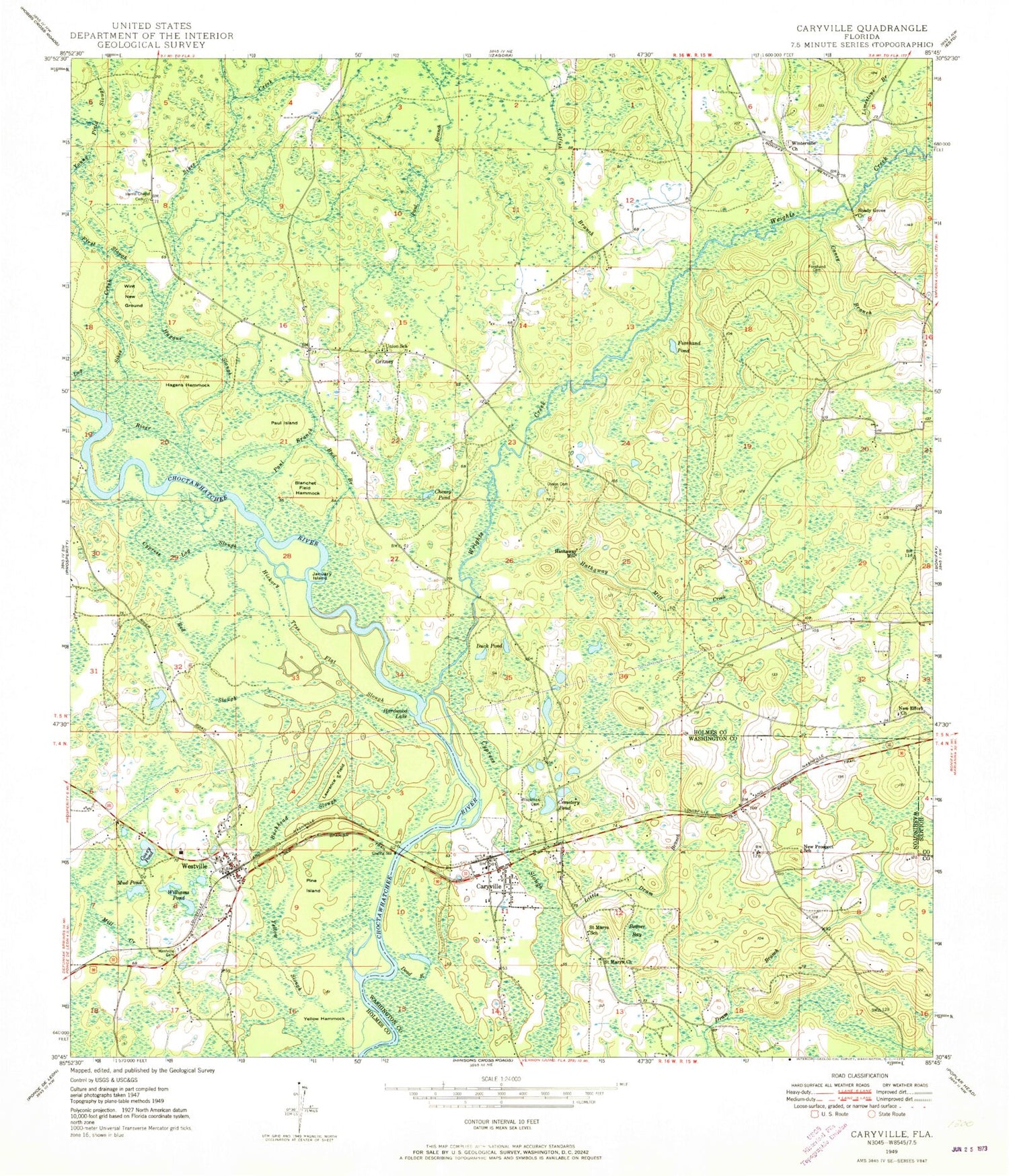 Classic USGS Caryville Florida 7.5'x7.5' Topo Map Image