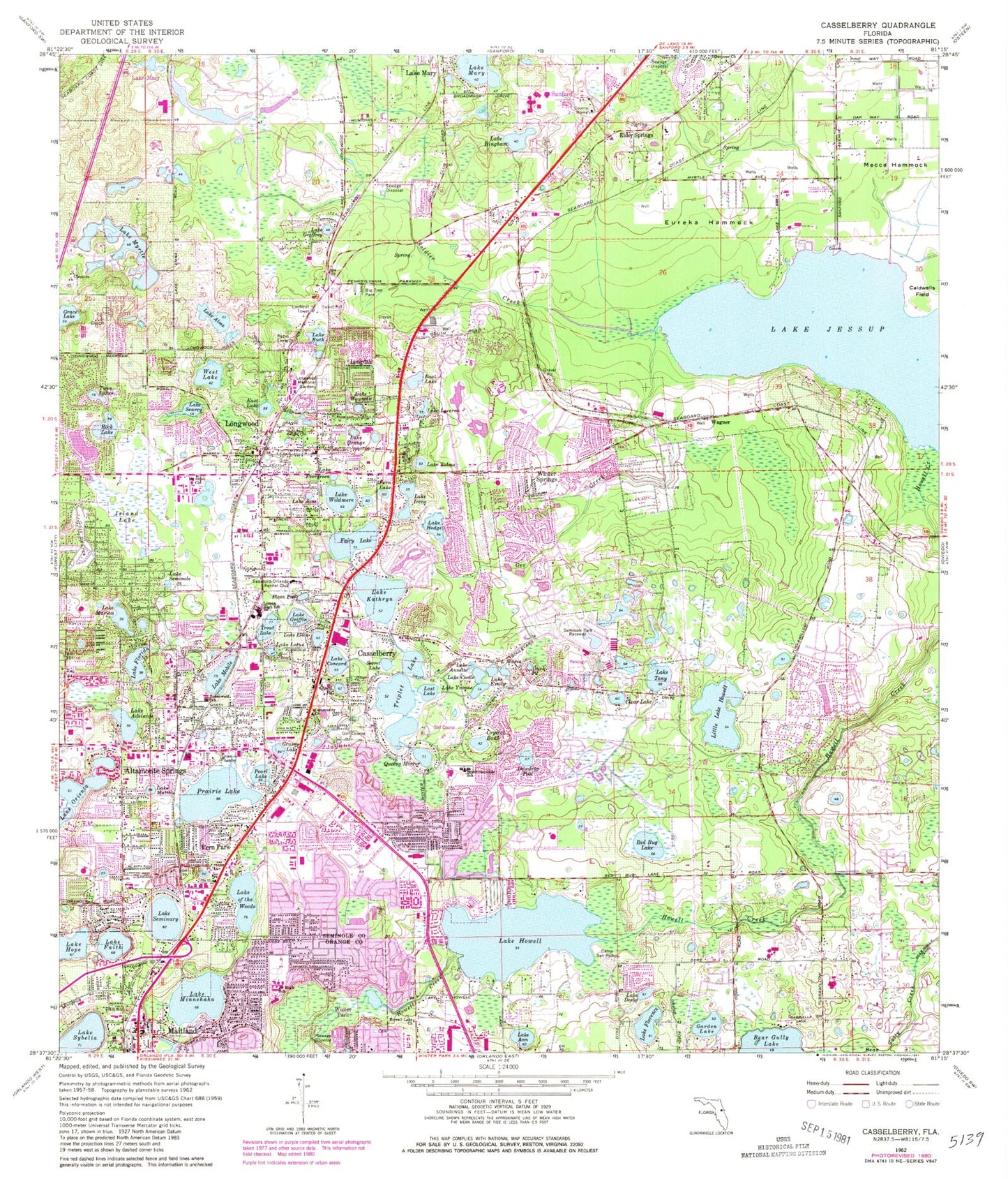 Classic USGS Casselberry Florida 7.5'x7.5' Topo Map Image