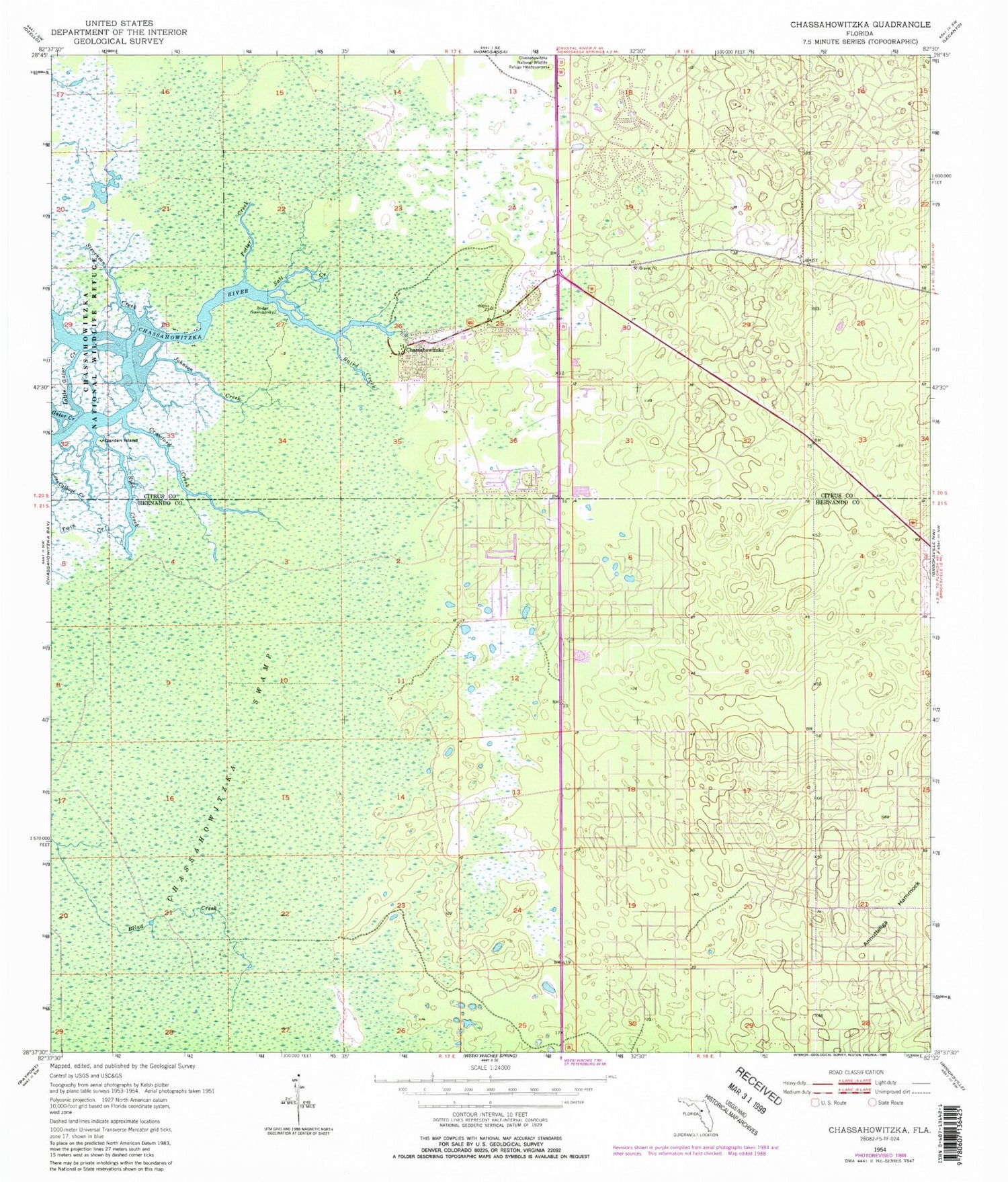 Classic USGS Chassahowitzka Florida 7.5'x7.5' Topo Map Image