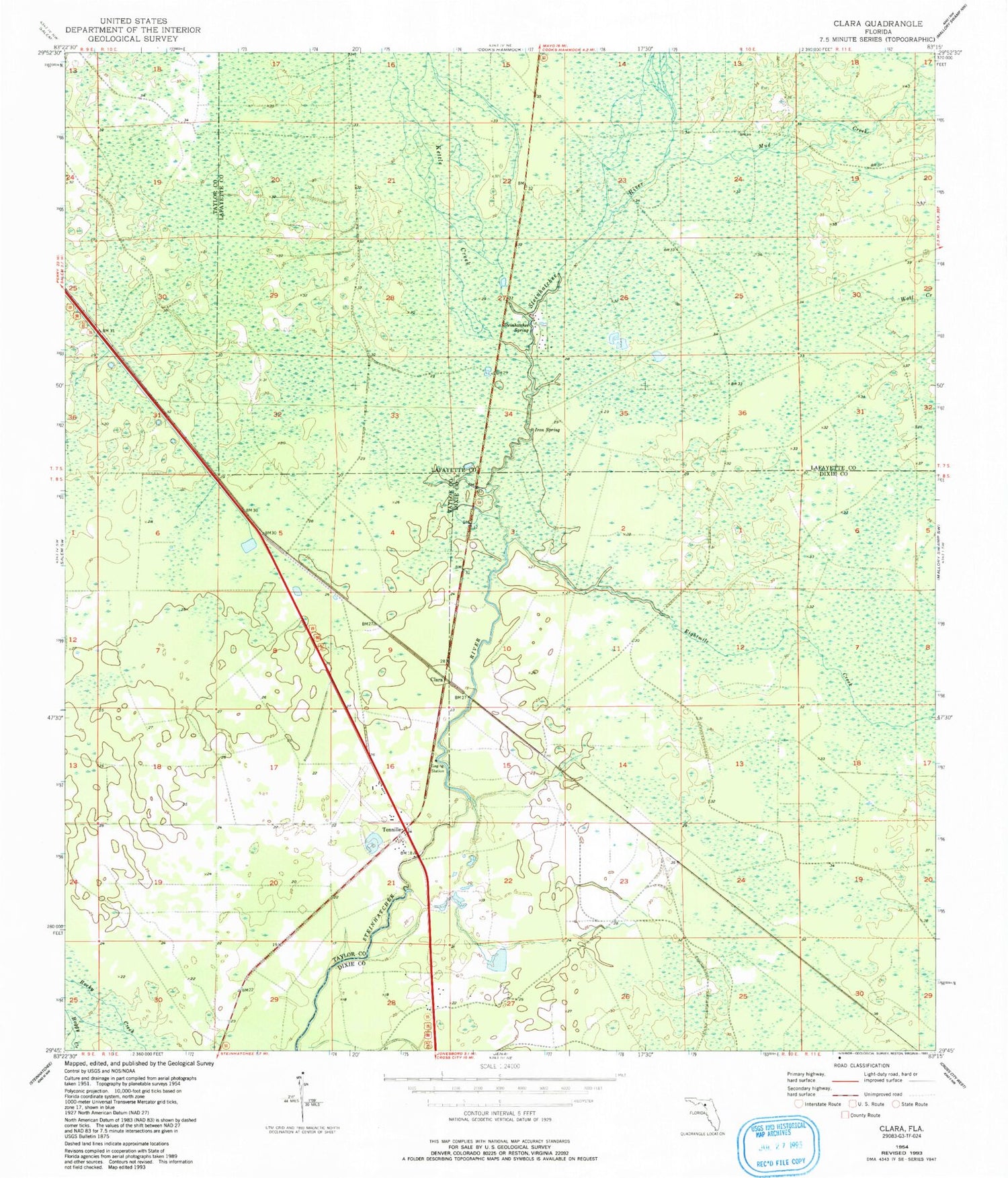 Classic USGS Clara Florida 7.5'x7.5' Topo Map Image