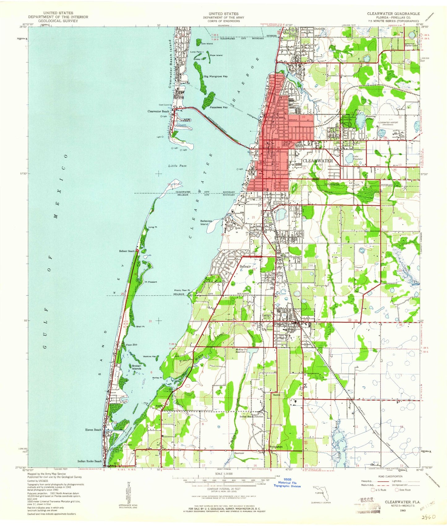 Classic USGS Clearwater Florida 7.5'x7.5' Topo Map Image