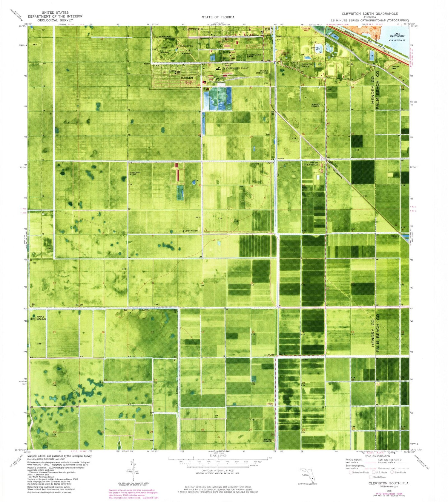Classic USGS Clewiston South Florida 7.5'x7.5' Topo Map Image