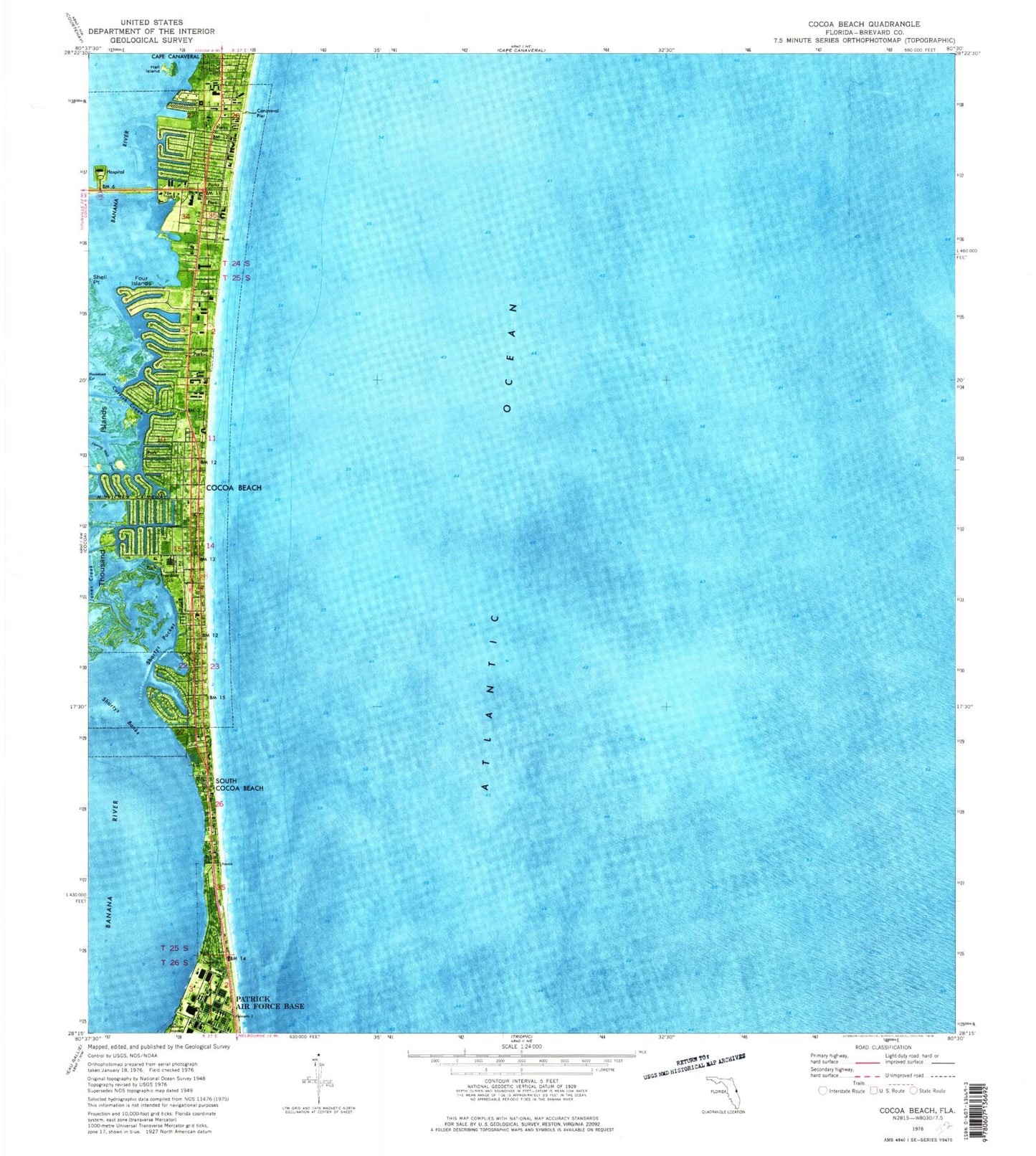 Classic USGS Cocoa Beach Florida 7.5'x7.5' Topo Map Image