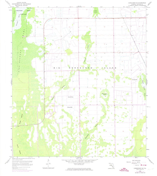 Classic USGS Corkscrew SE Florida 7.5'x7.5' Topo Map Image