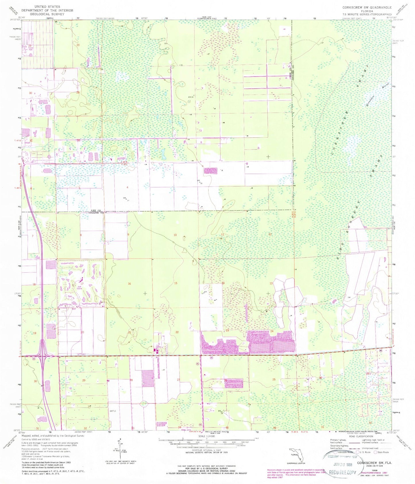 Classic USGS Corkscrew SW Florida 7.5'x7.5' Topo Map Image