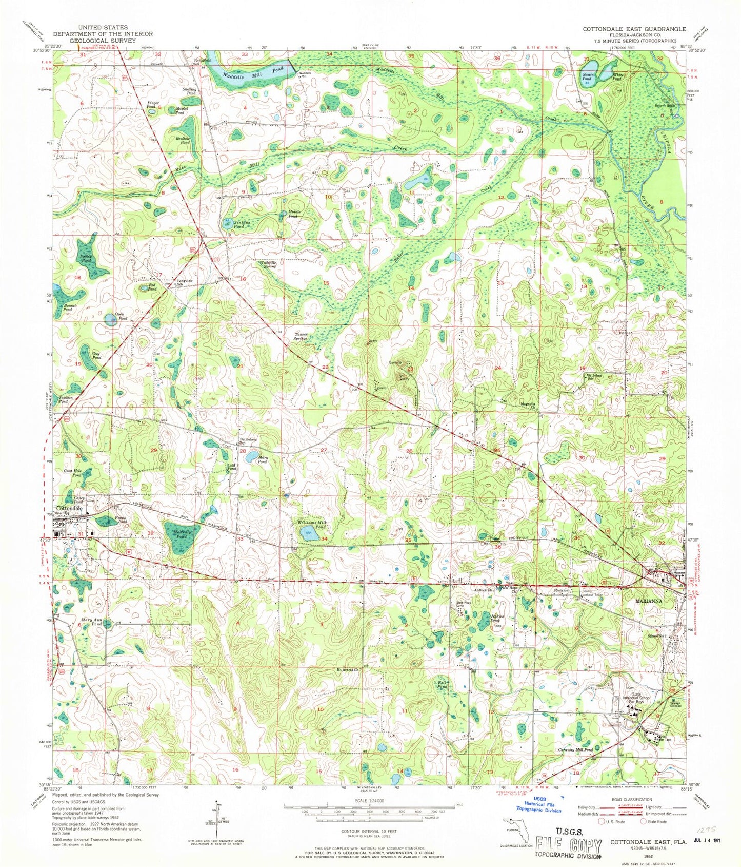 Classic USGS Cottondale East Florida 7.5'x7.5' Topo Map Image