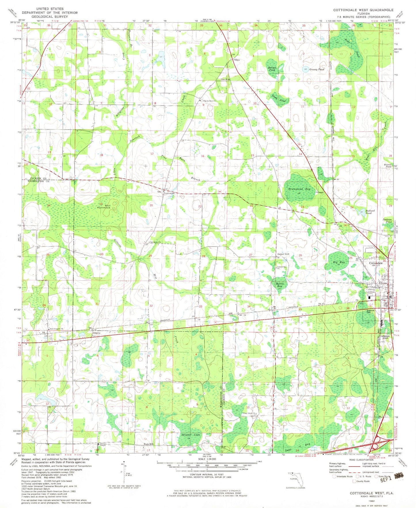Classic USGS Cottondale West Florida 7.5'x7.5' Topo Map Image