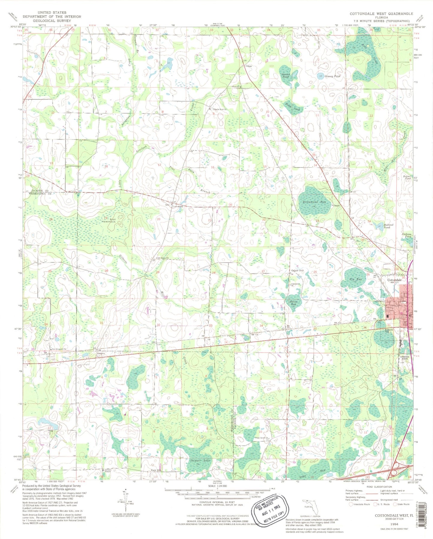 Classic USGS Cottondale West Florida 7.5'x7.5' Topo Map Image