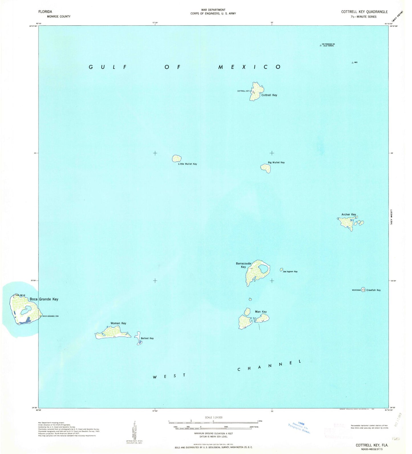 Classic USGS Cottrell Key Florida 7.5'x7.5' Topo Map Image