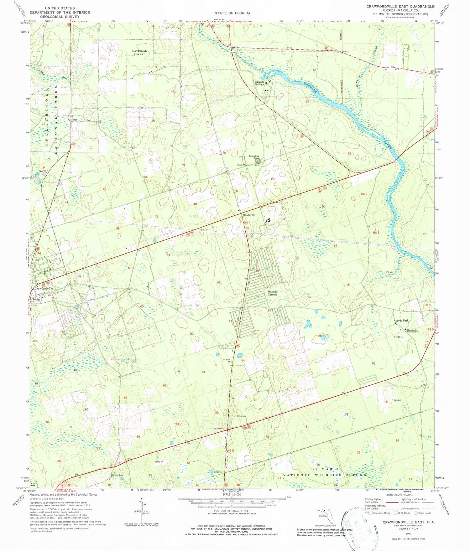 Classic USGS Crawfordville East Florida 7.5'x7.5' Topo Map Image
