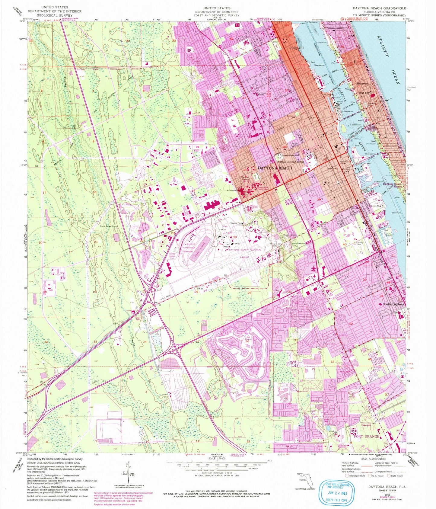 Classic USGS Daytona Beach Florida 7.5'x7.5' Topo Map Image
