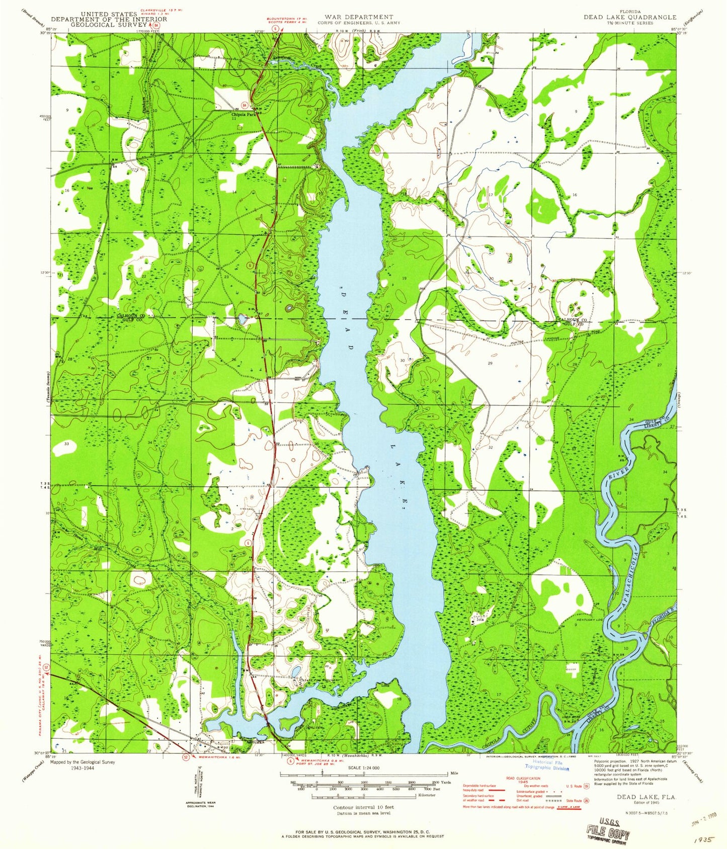 Classic USGS Dead Lakes Florida 7.5'x7.5' Topo Map Image