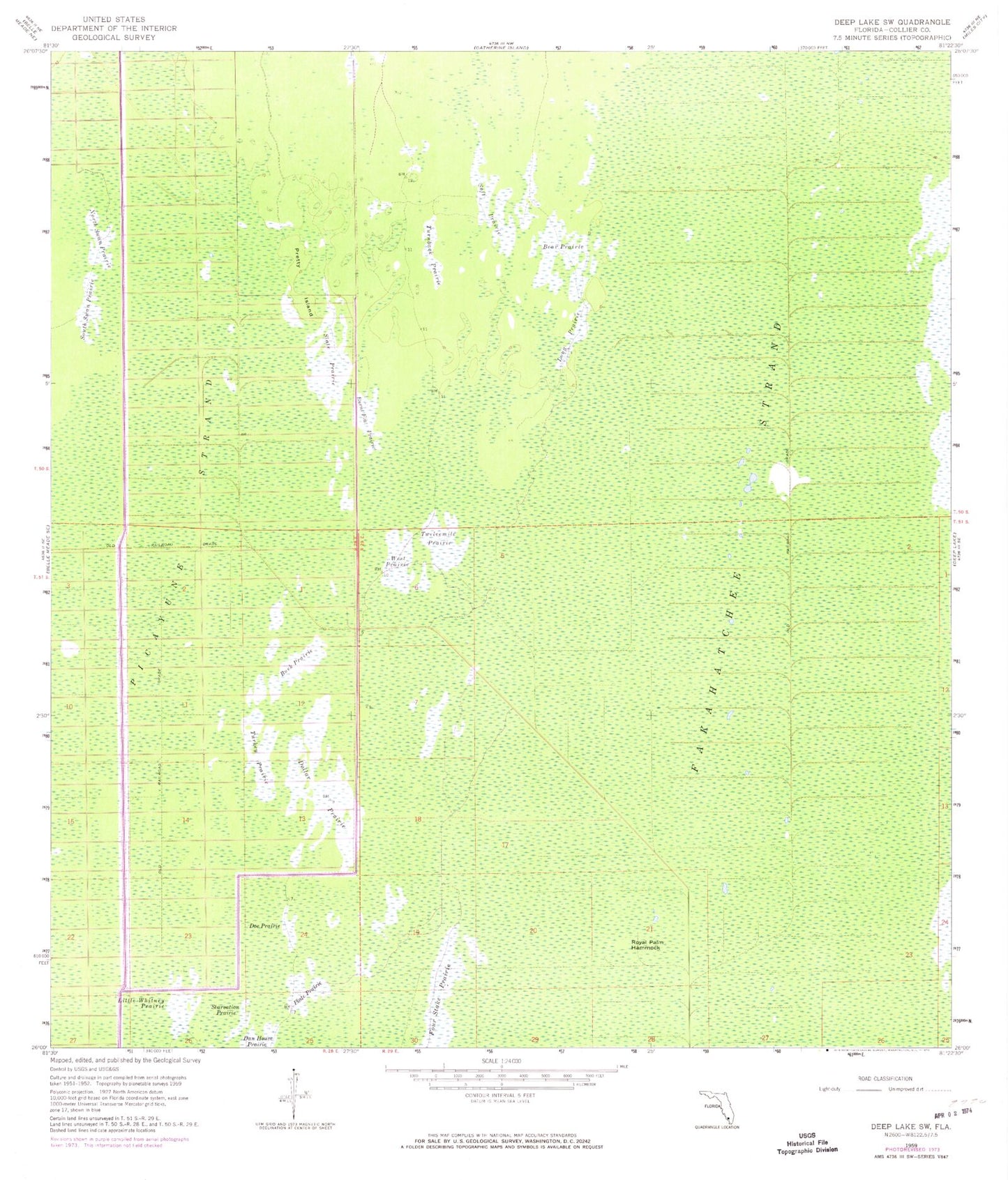 Classic USGS Deep Lake SW Florida 7.5'x7.5' Topo Map Image