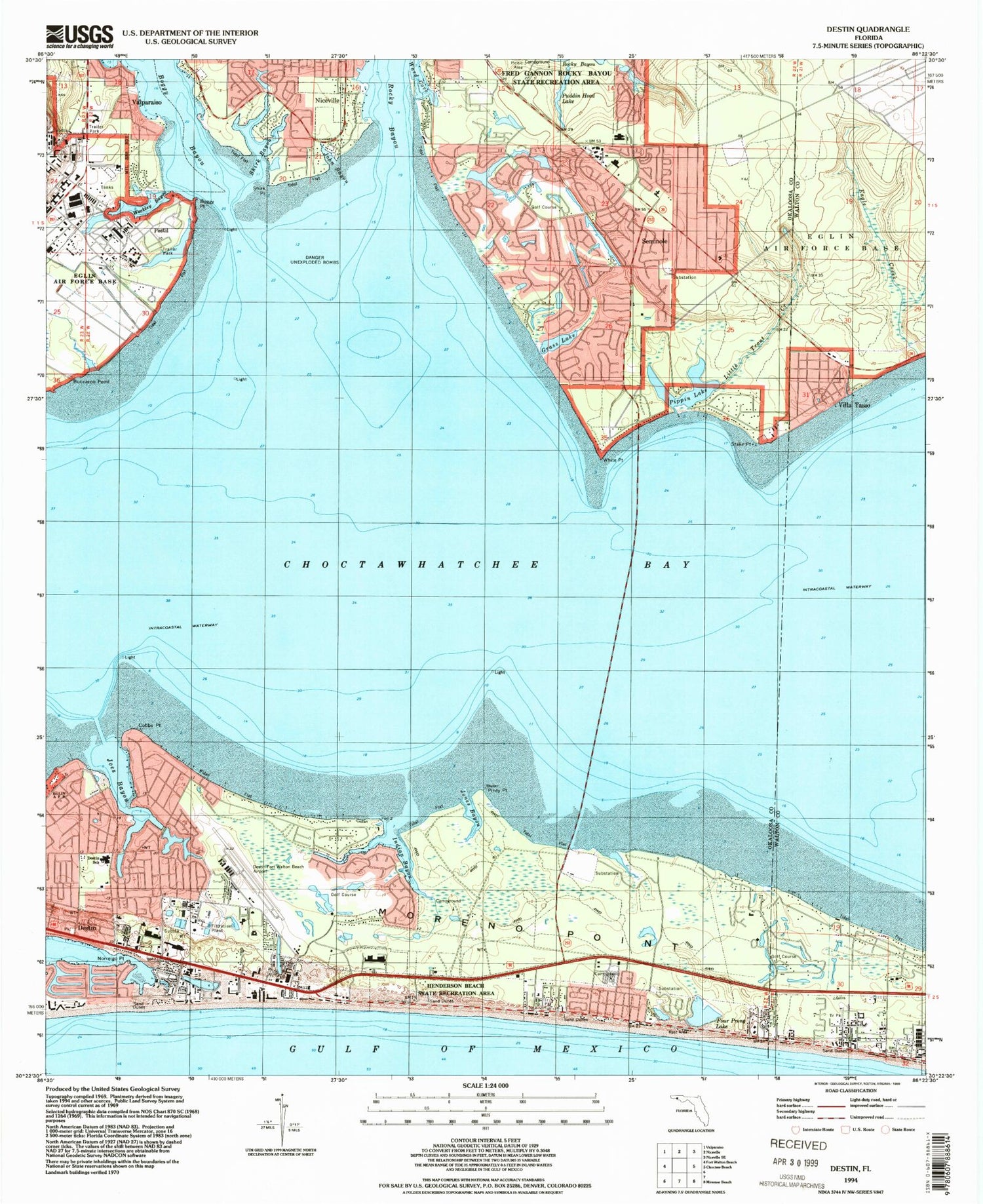 Classic USGS Destin Florida 7.5'x7.5' Topo Map Image