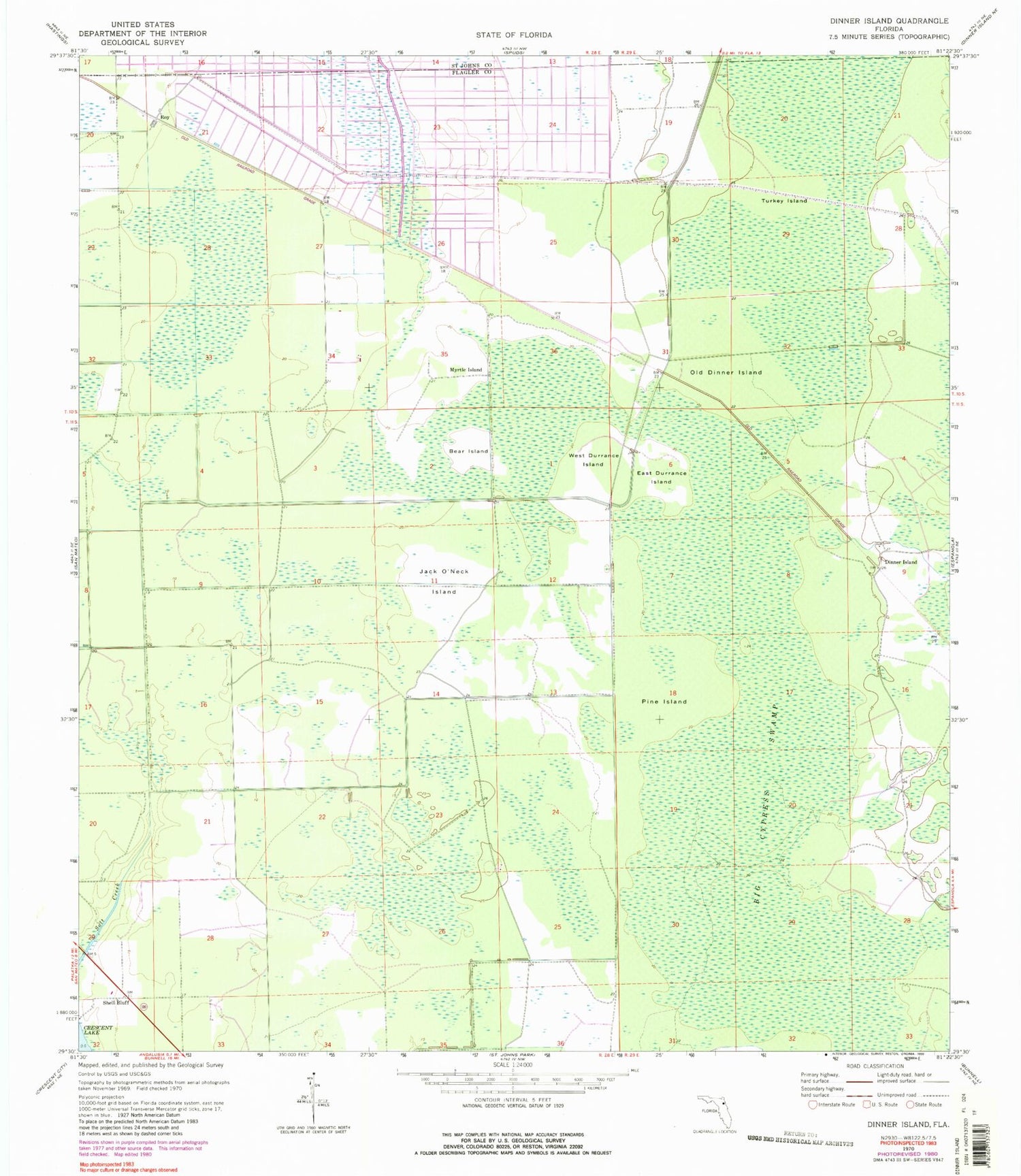 Classic USGS Dinner Island Florida 7.5'x7.5' Topo Map Image