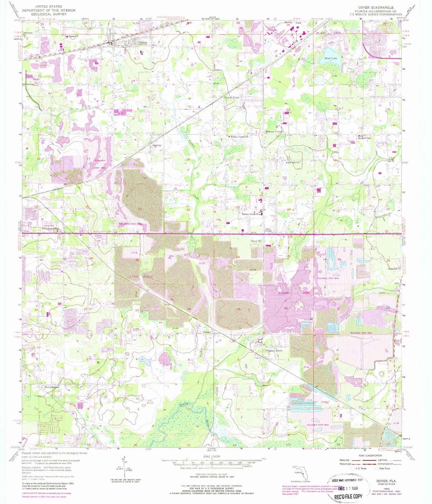 Classic USGS Dover Florida 7.5'x7.5' Topo Map Image