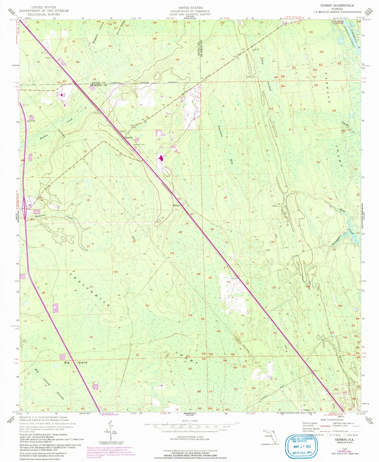 Classic USGS Durbin Florida 7.5'x7.5' Topo Map Image