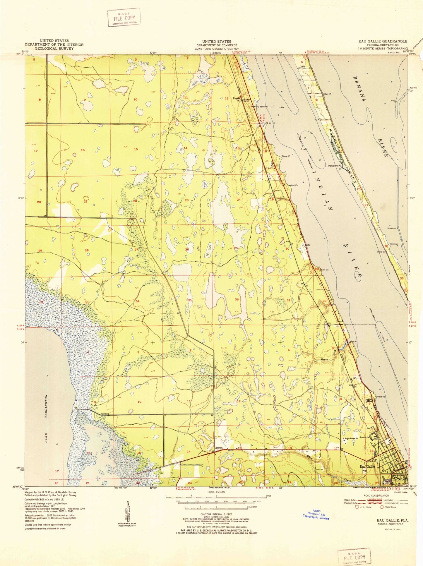 Classic USGS Eau Gallie Florida 7.5'x7.5' Topo Map Image