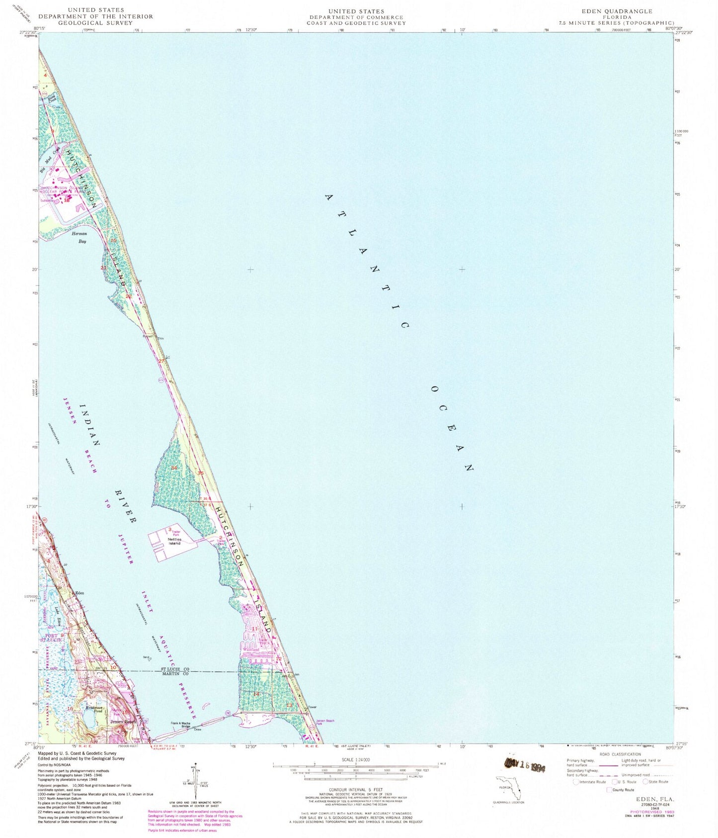 Classic USGS Eden Florida 7.5'x7.5' Topo Map Image