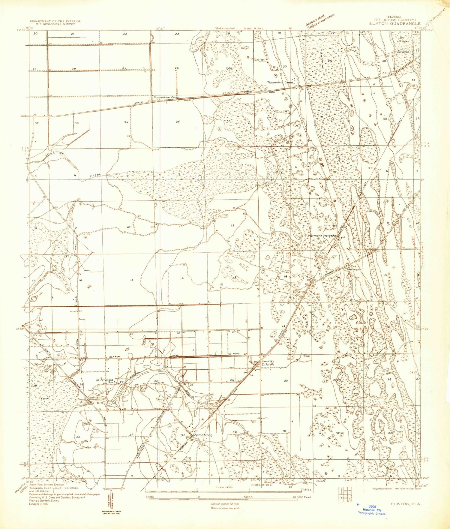 Classic USGS Elkton Florida 7.5'x7.5' Topo Map Image