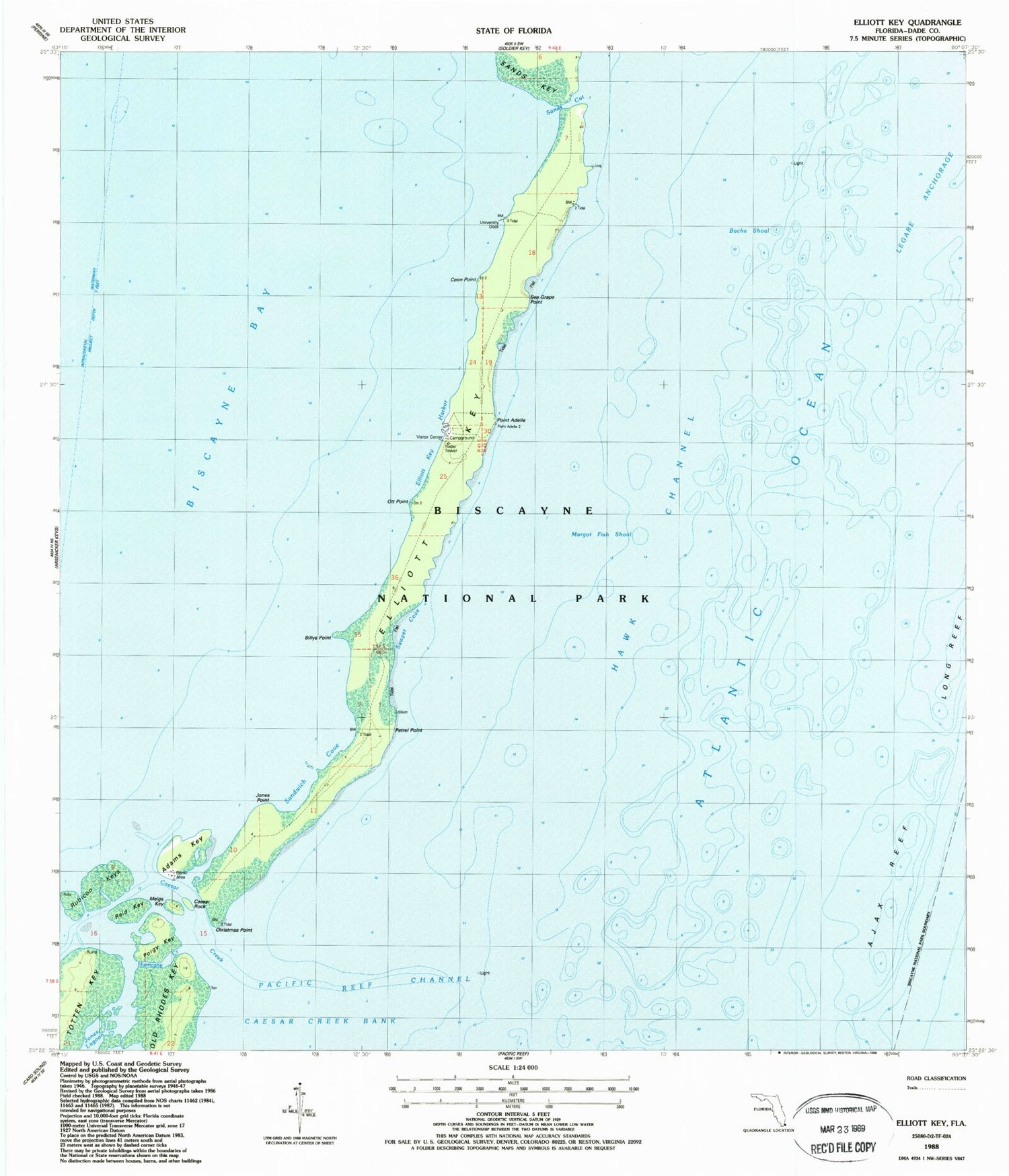 Classic USGS Elliott Key Florida 7.5'x7.5' Topo Map Image