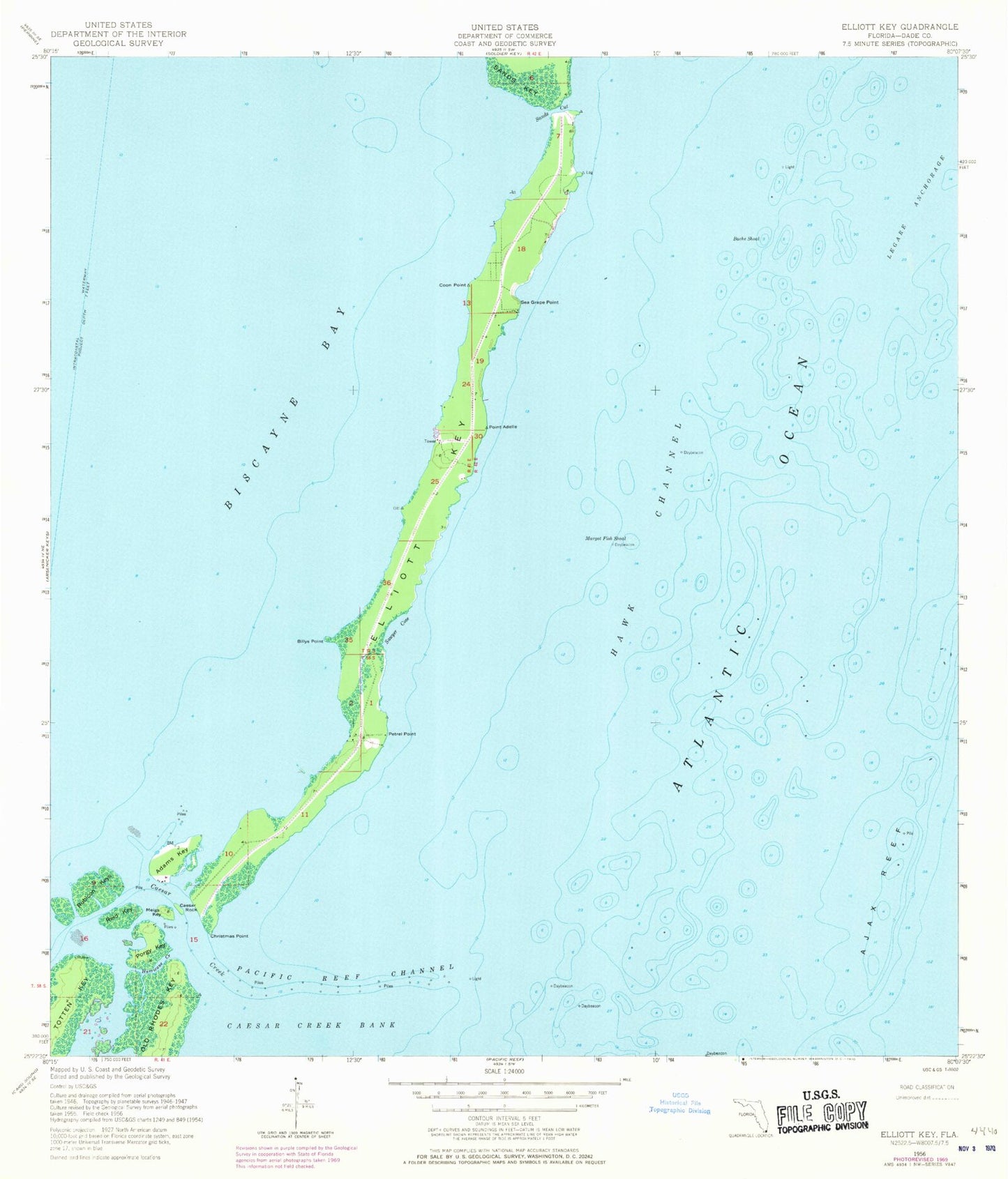 Classic USGS Elliott Key Florida 7.5'x7.5' Topo Map Image