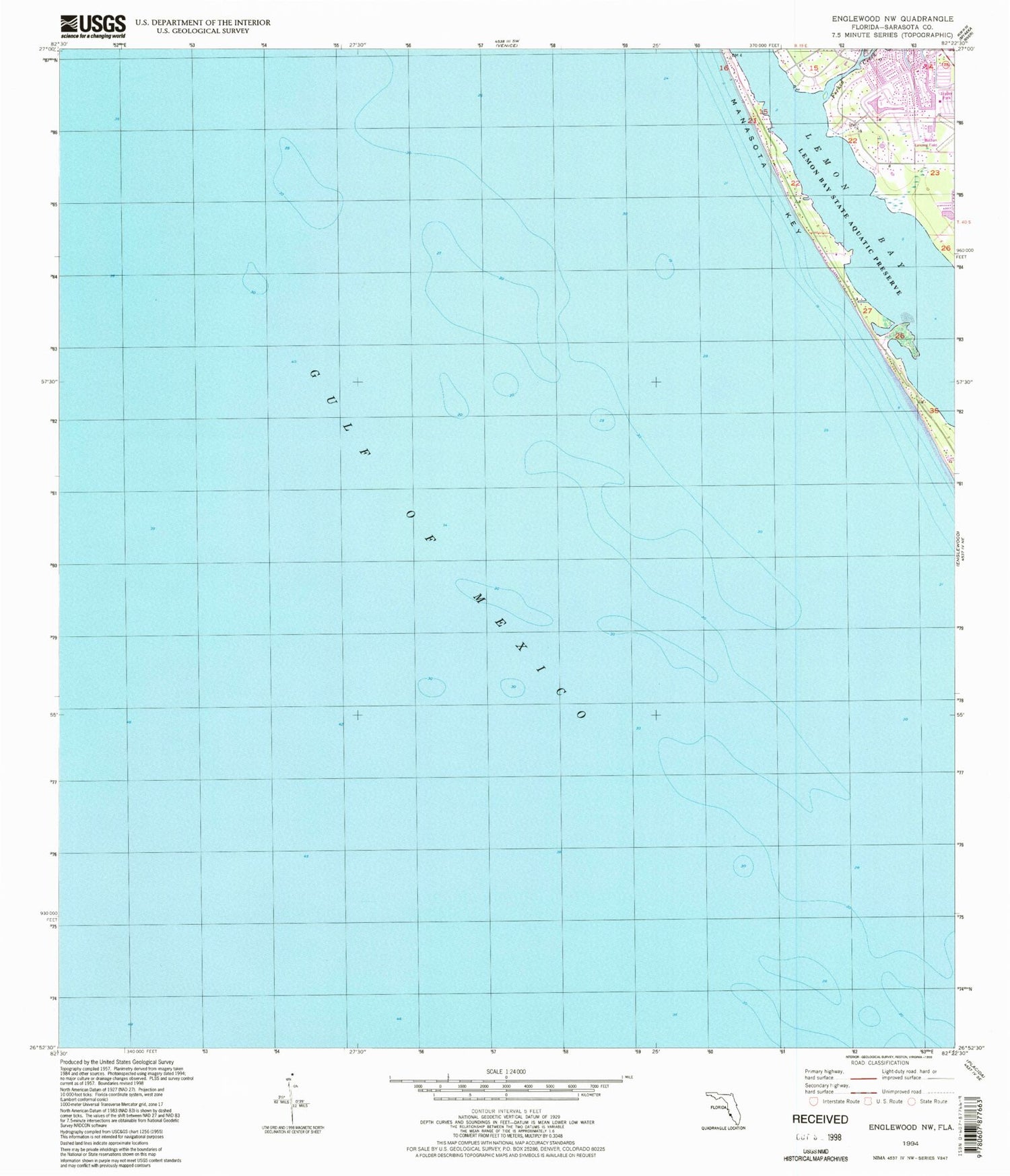 Classic USGS Englewood NW Florida 7.5'x7.5' Topo Map Image