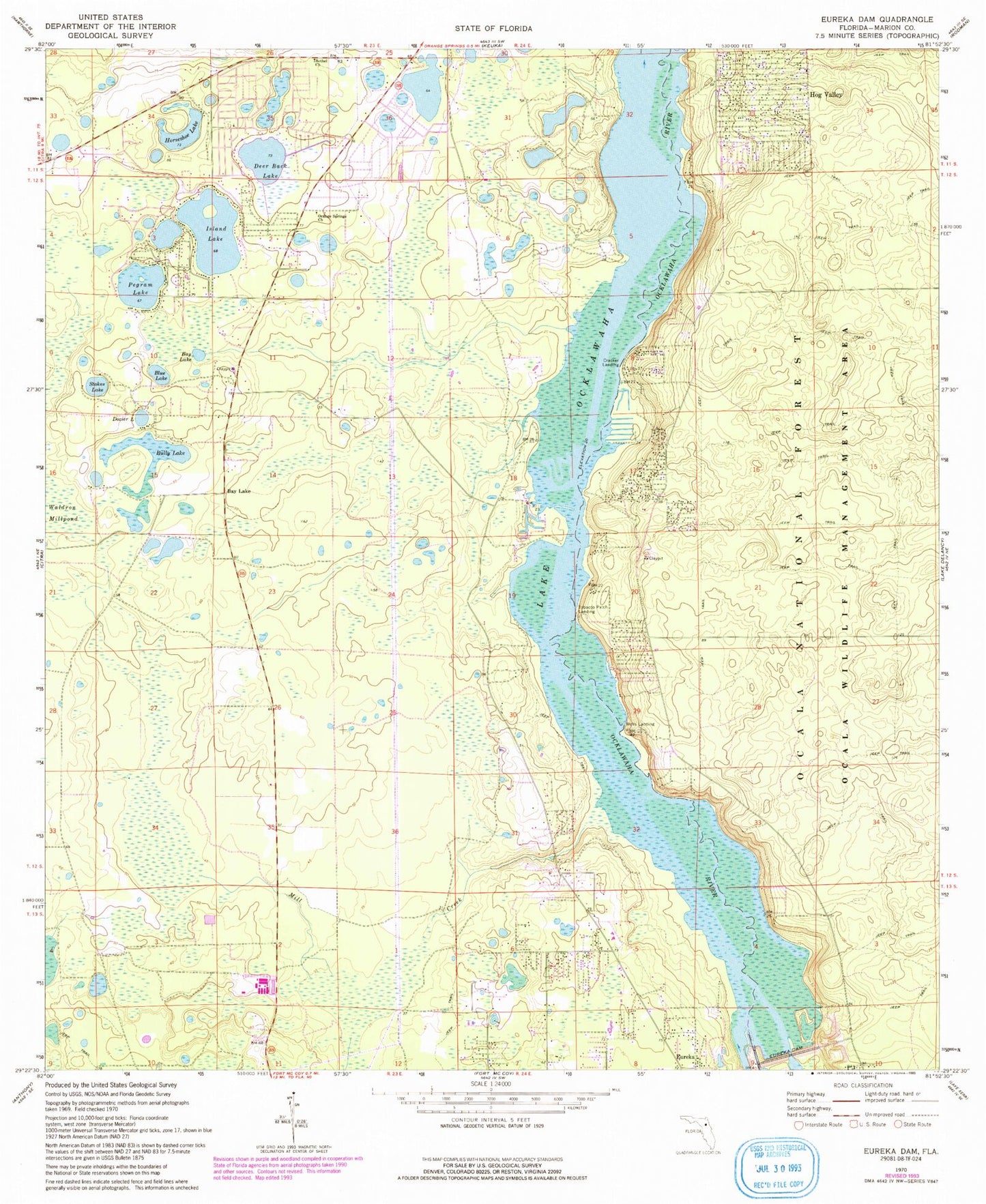 Classic USGS Eureka Dam Florida 7.5'x7.5' Topo Map Image
